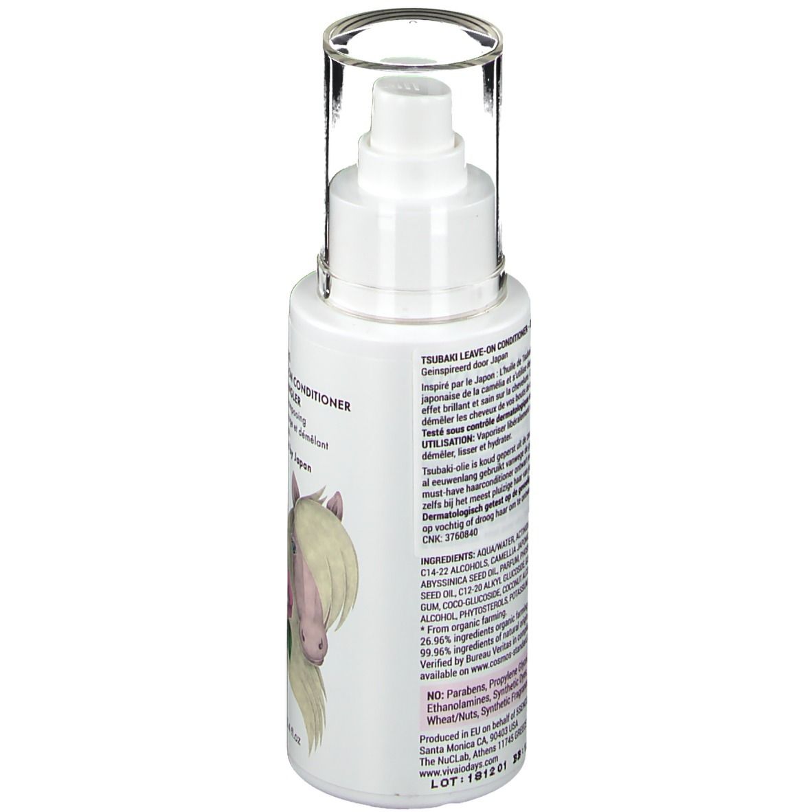 Rückseite der weißen Flasche. Text mit Inhaltsstoffen und Anwendungshinweisen. Enthält Informationen über die Herstellung und Zertifizierungen.