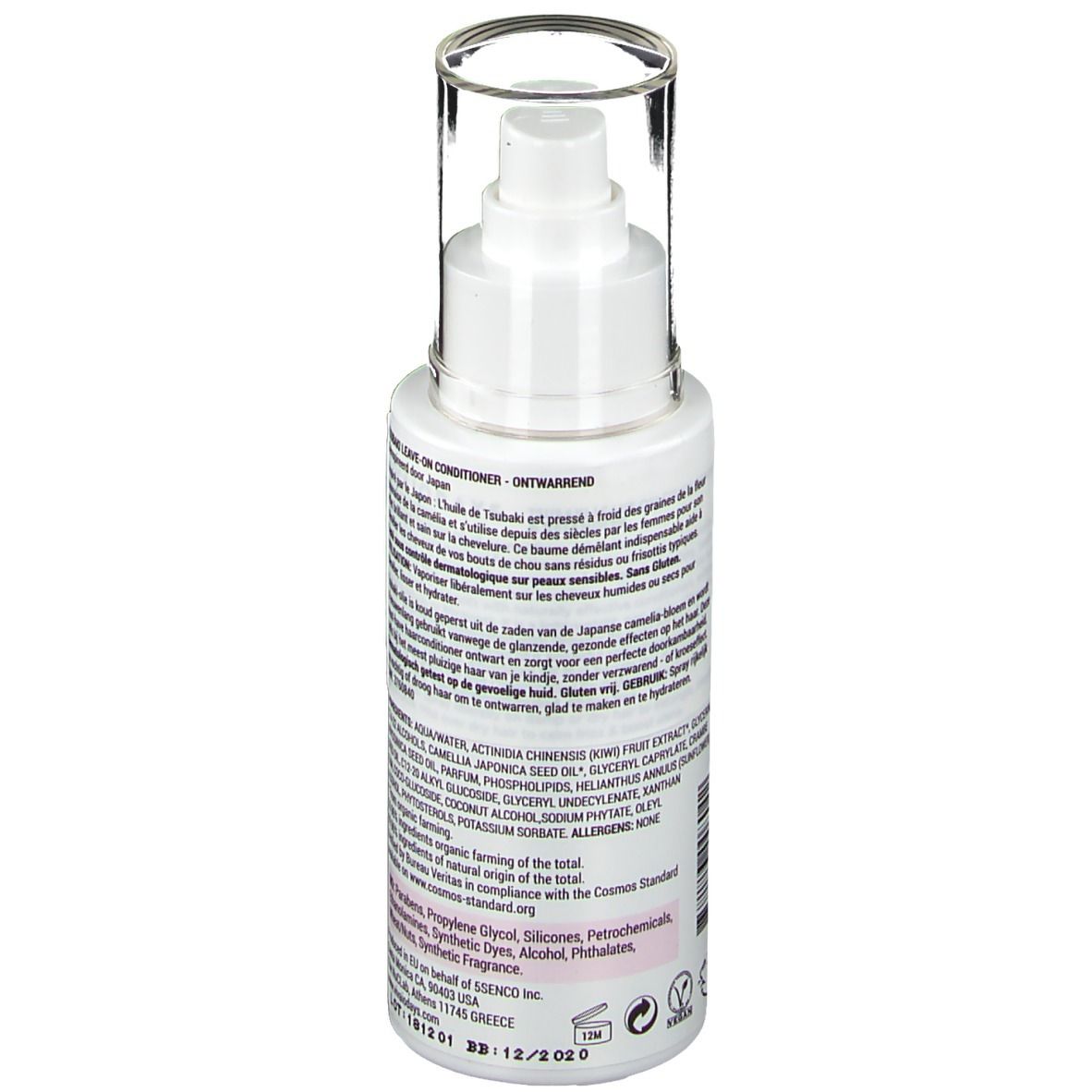 Rückseite der weißen Flasche. Text mit Inhaltsstoffen und Anwendungshinweisen. Enthält Informationen über die Herstellung und Zertifizierungen.