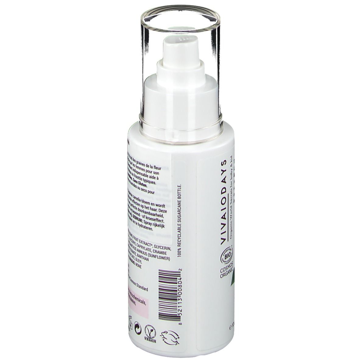 Rückseite der weißen Flasche. Text mit Inhaltsstoffen und Anwendungshinweisen. Enthält Informationen über die Herstellung und Zertifizierungen.