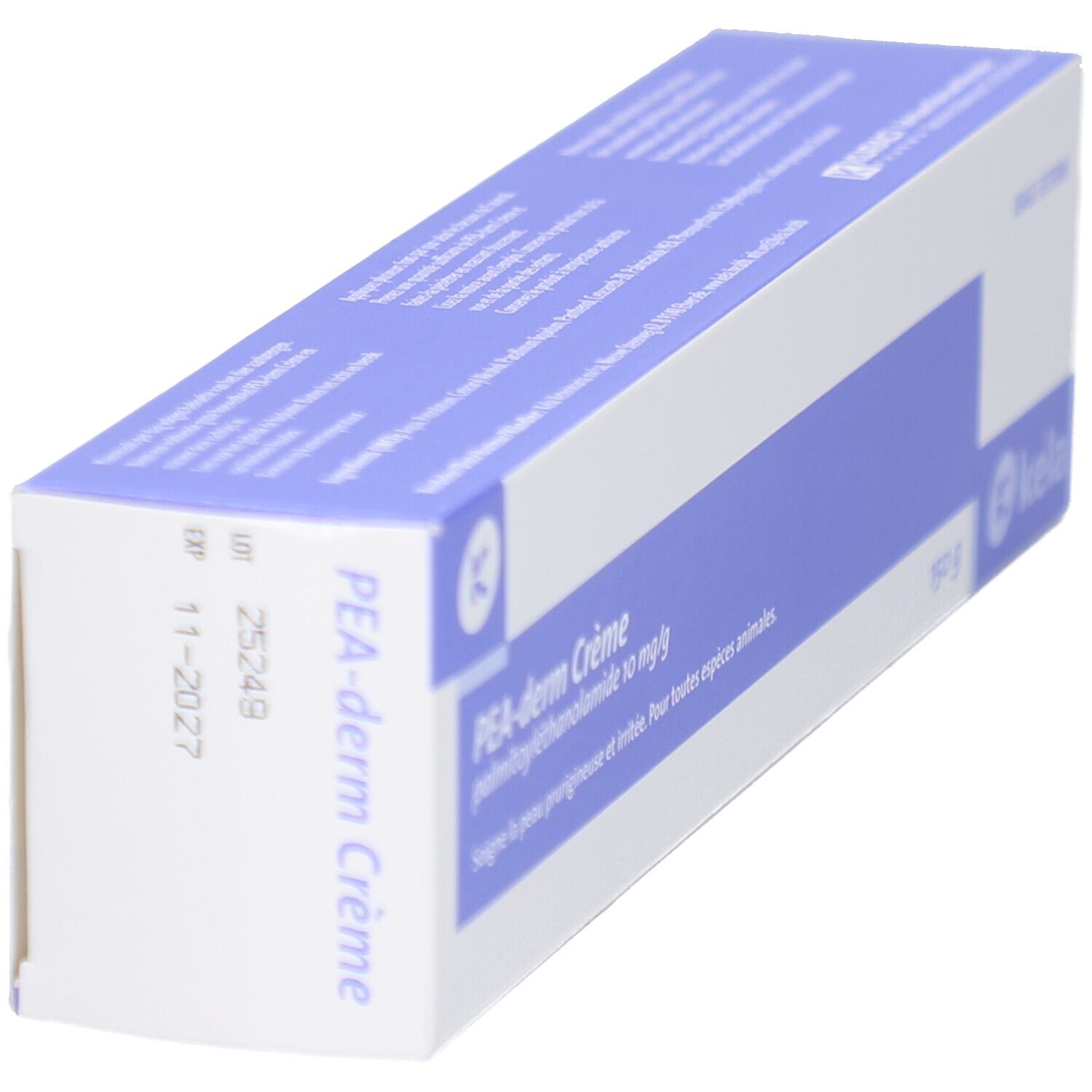 Kasten mit PEA-derm Creme, 150g. Zeigt LOT und EXP Datum an.