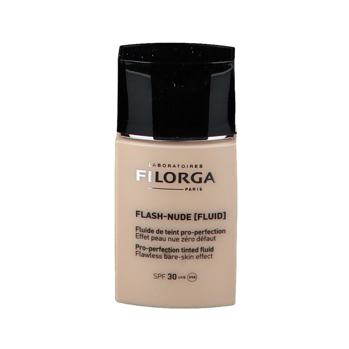 Beige Flasche mit schwarzem Deckel. Aufschrift: FILORGA, Flash-Nude [Fluid], SPF 30.