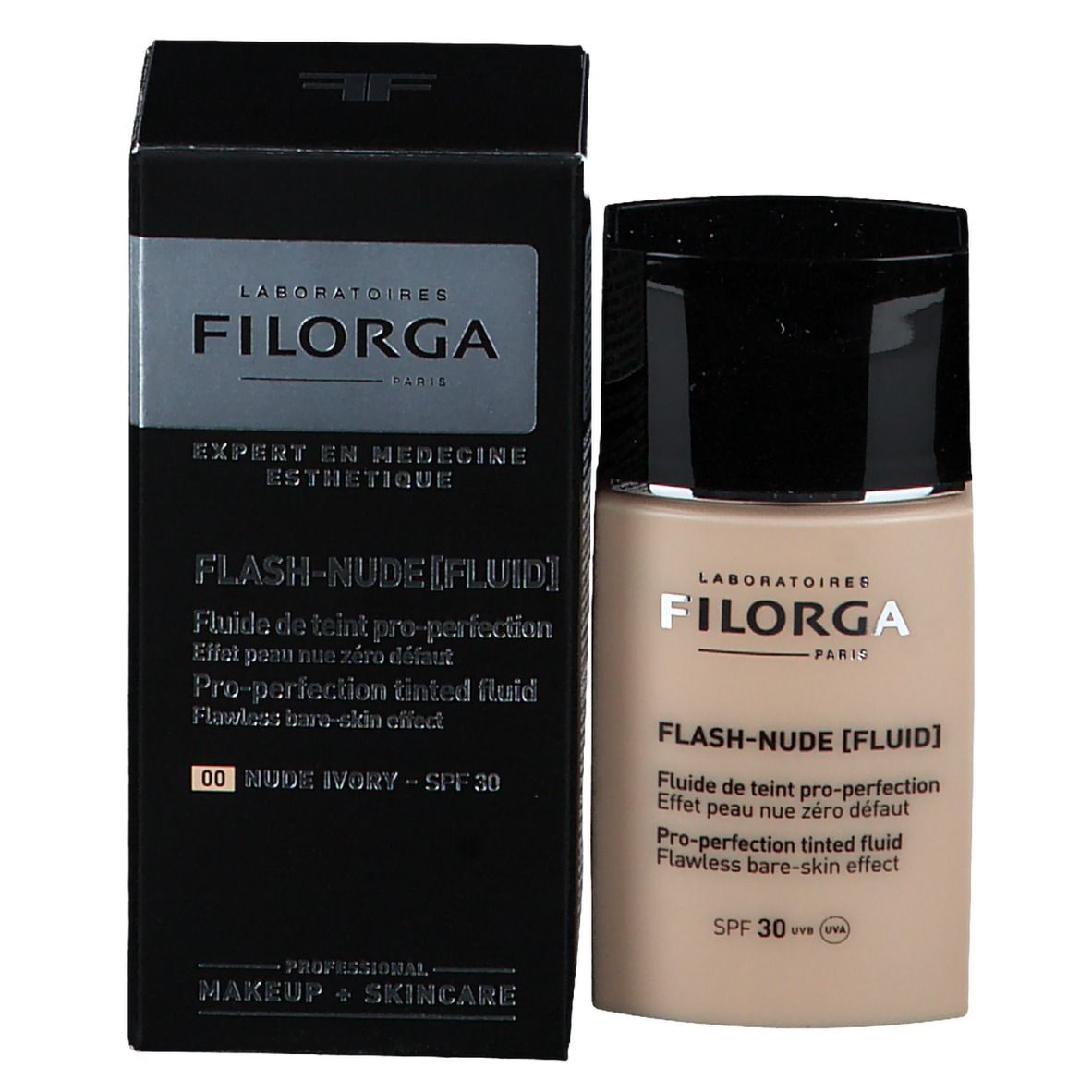 Produktverpackung mit Flasche. Schwarzer Karton mit Flasche. Aufschrift: FILORGA, Flash-Nude [Fluid], SPF 30.