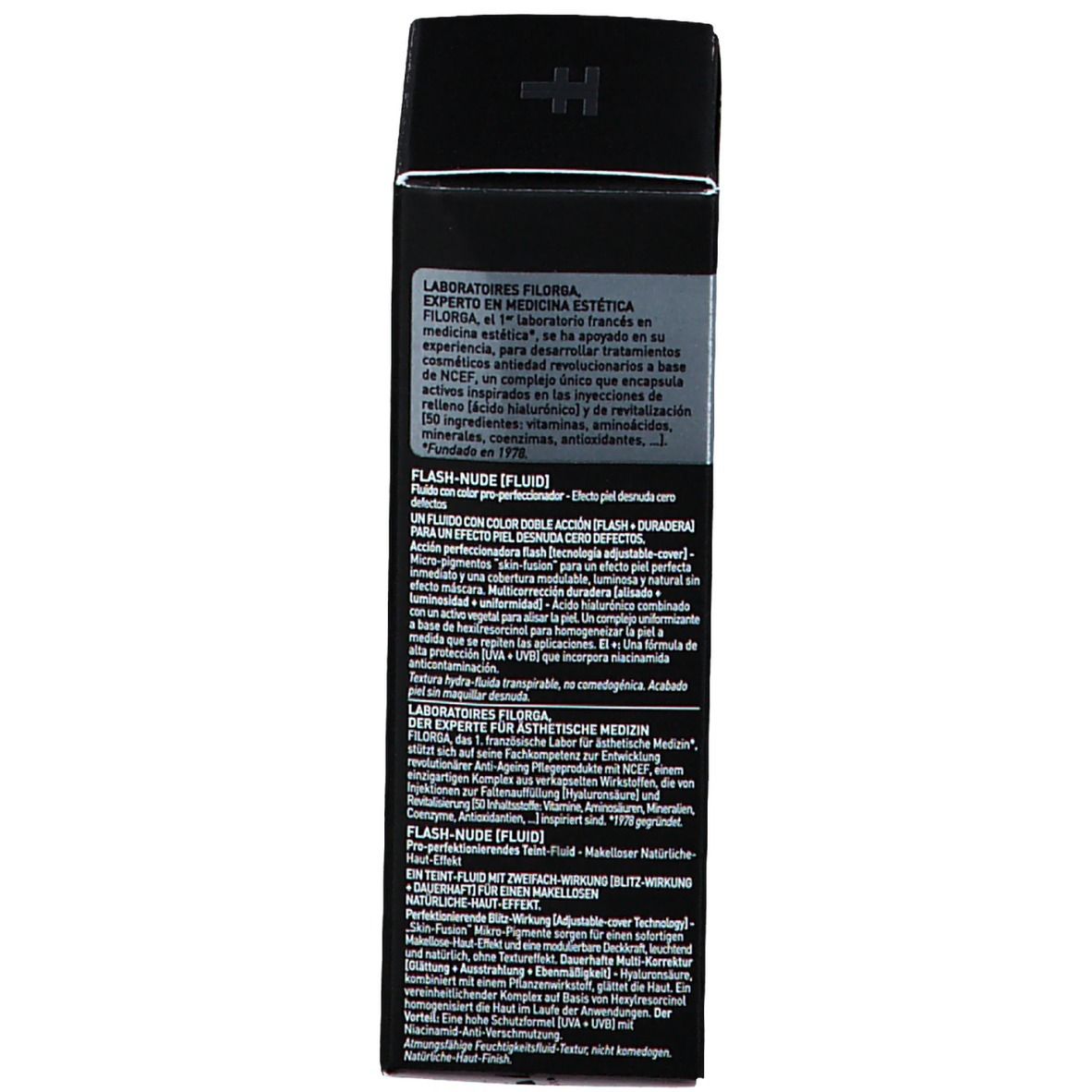 Schwarze Produktverpackung. Aufschrift: FILORGA, Flash-Nude [Fluid]. Produktinformationen in mehreren Sprachen.