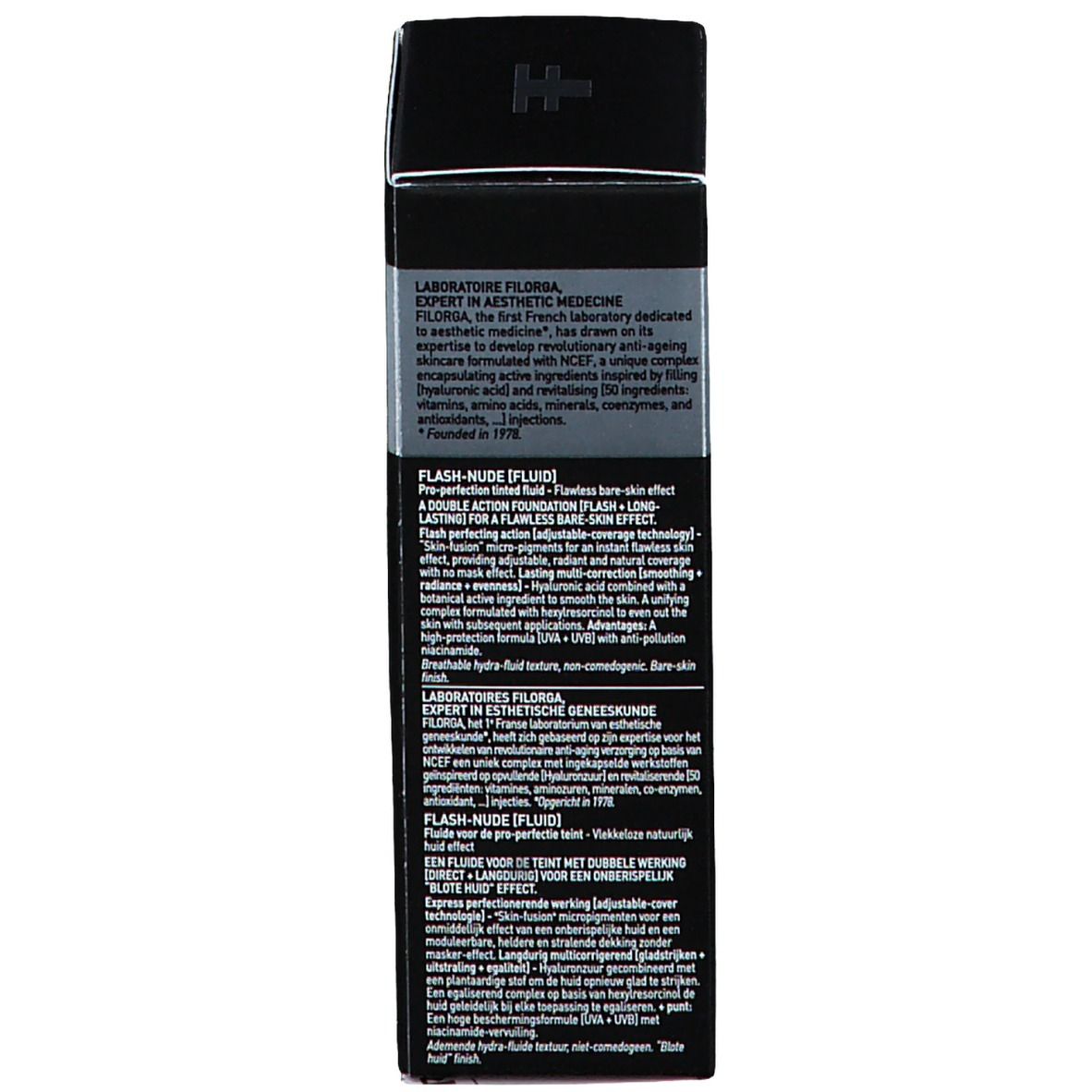 Schwarze Produktverpackung. Aufschrift: FILORGA, Flash-Nude [Fluid]. Produktinformationen in mehreren Sprachen.