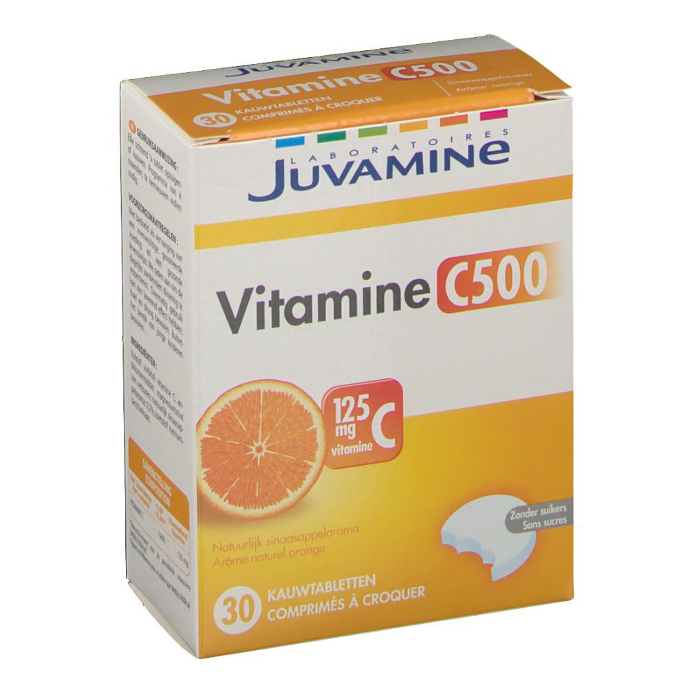 Verpackung von JUVAMINE Vitamin C 500 Kautabletten. Vorderseite mit Produktnamen, Orangenabbildung und Vitamin C-Angabe. 30 Tabletten.