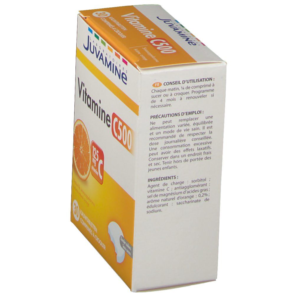 Seitenansicht der JUVAMINE Vitamin C 500 Verpackung. Text mit Gebrauchsanweisung und Inhaltsstoffen. Orange und Tablette abgebildet.