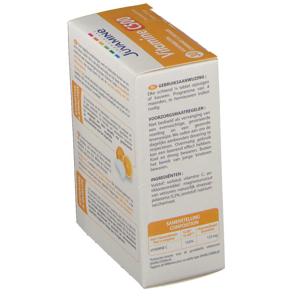 Rückseite der JUVAMINE Vitamin C 500 Verpackung. Text mit Gebrauchsanweisung, Inhaltsstoffen und Nährwertangaben. Orange und Tablette abgebildet.