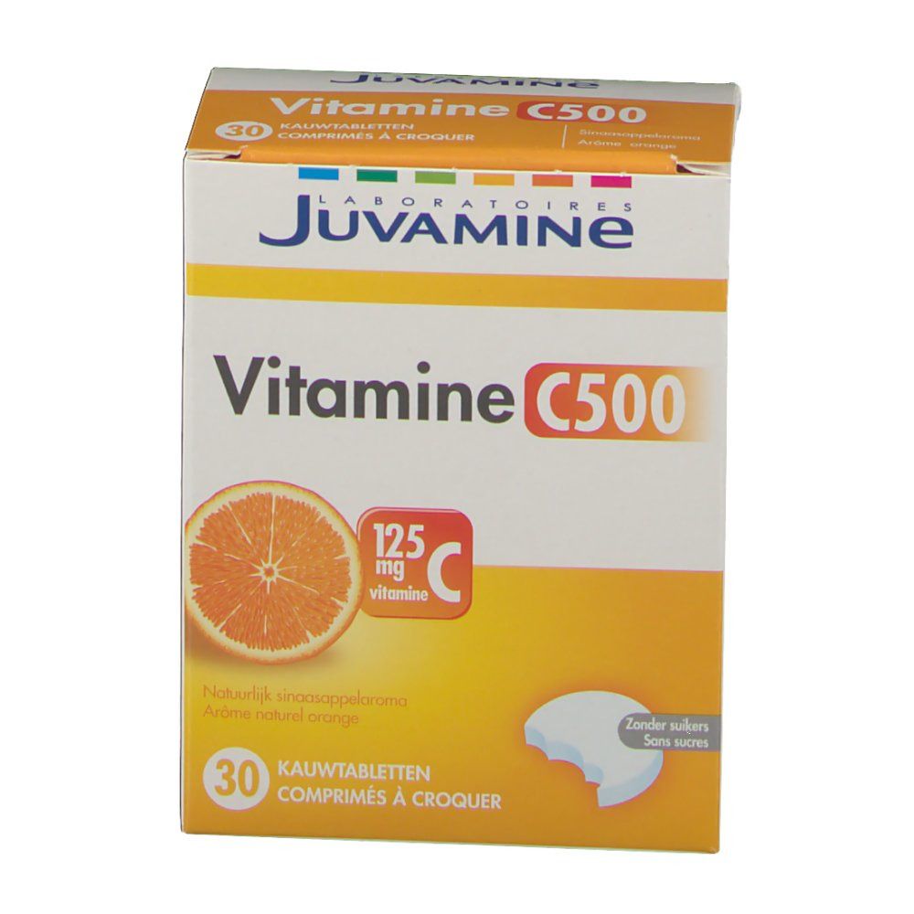 Vorderansicht der JUVAMINE Vitamin C 500 Kautabletten Verpackung. Produktname, Orangenabbildung und Vitamin C-Angabe. 30 Tabletten.