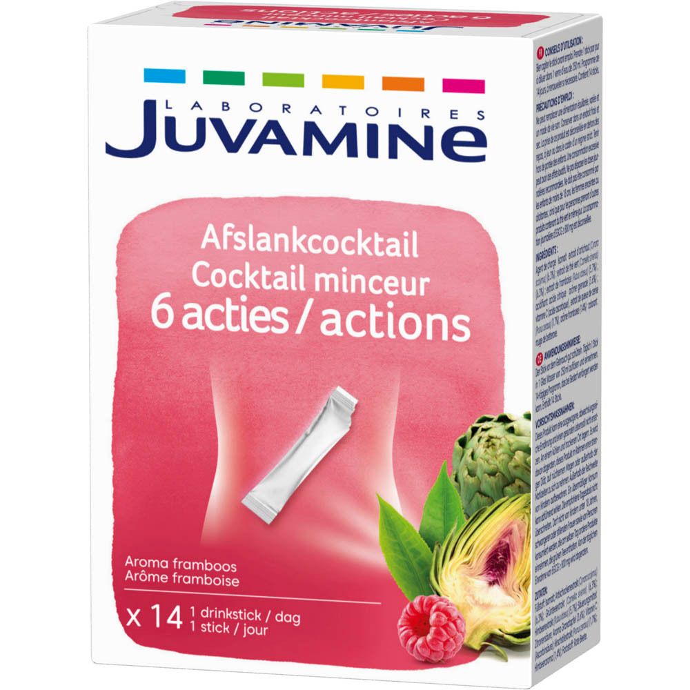 Produktverpackung. Aufdruck: Juvamine, Afslankcocktail, 6 acties/actions. Vorderseite mit Produktabbildung und Inhaltsstoffen.
