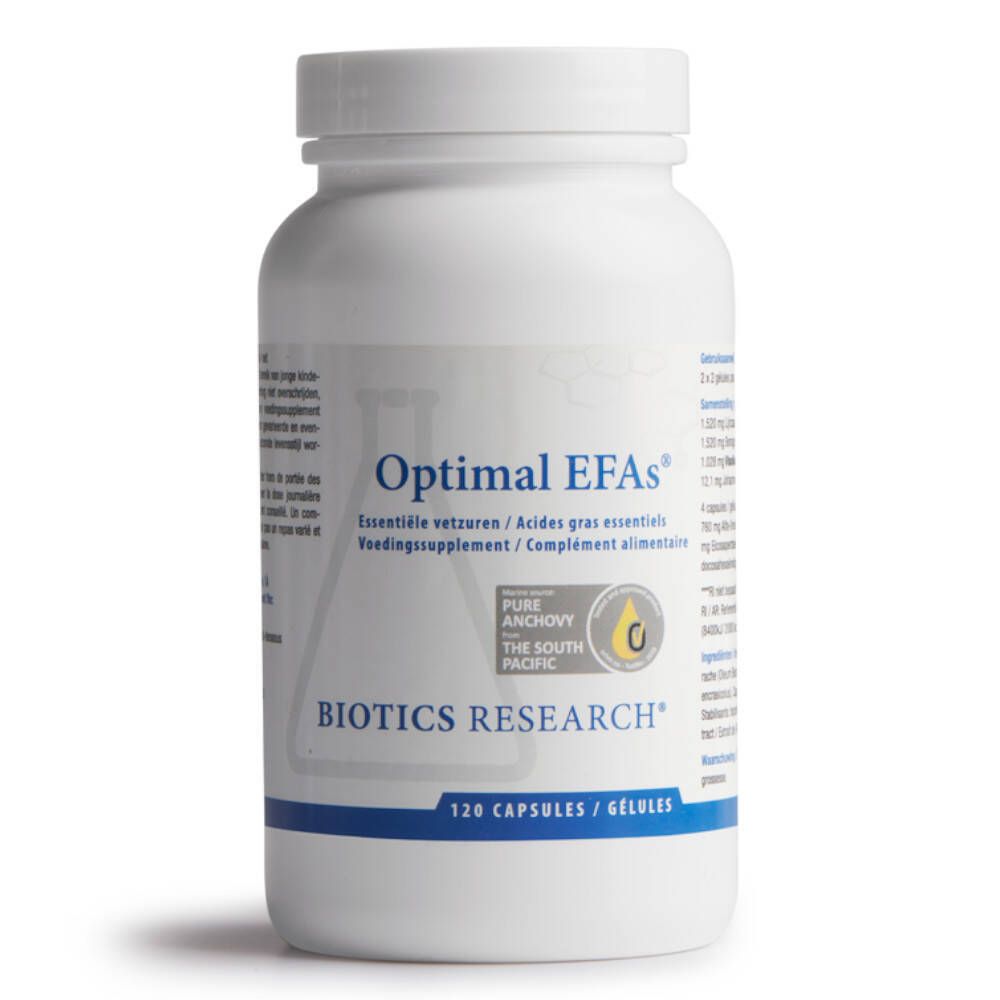 Weiße Flasche mit "Optimal EFAS®"-Kapseln. Aufschrift: "Essentielle vetzuren / Acides gras essentiels". 120 Kapseln. Marke: Biotics Research.