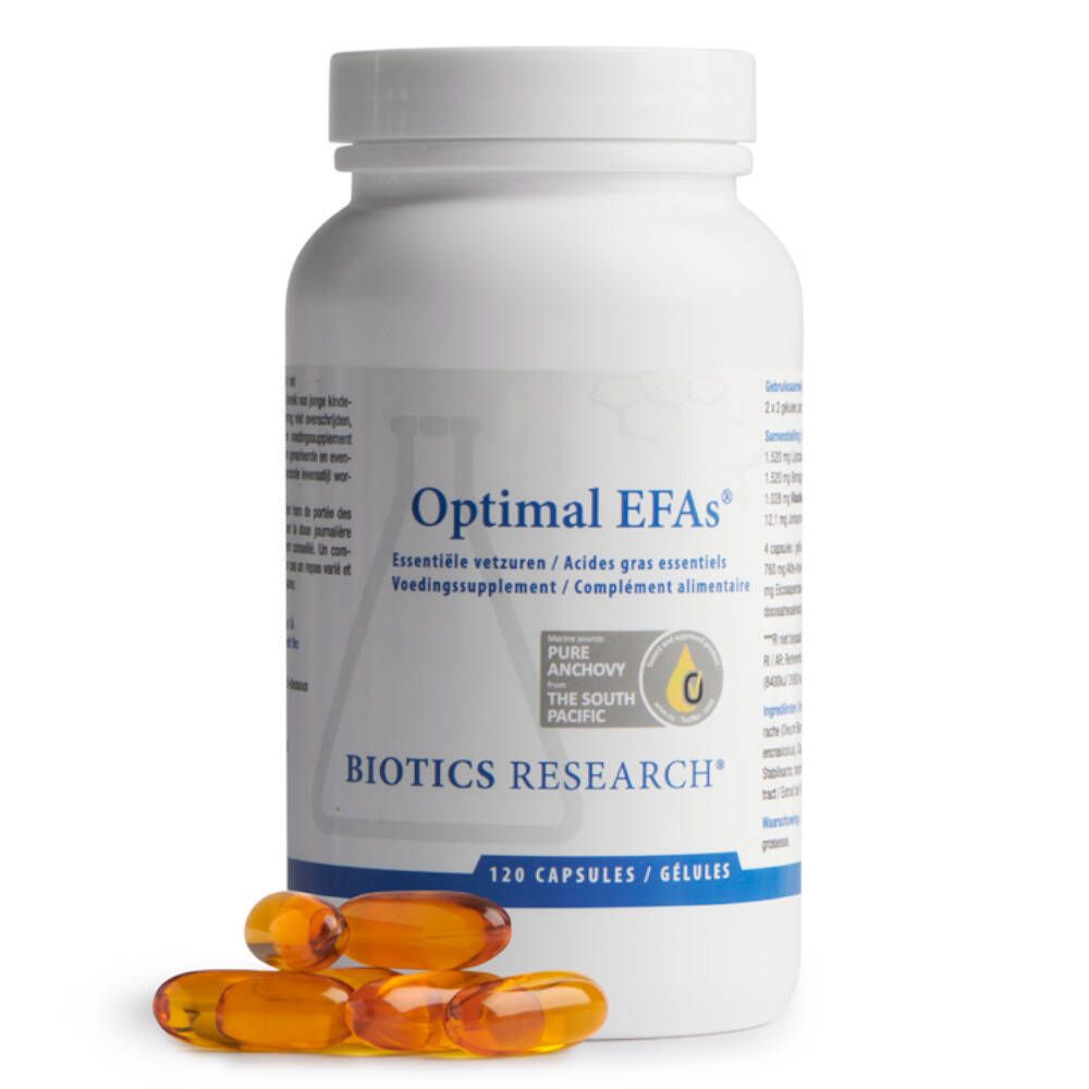 Weiße Flasche "Optimal EFAS®" mit Kapseln daneben. Aufschrift: "Essentielle vetzuren / Acides gras essentiels". 120 Kapseln. Marke: Biotics Research.
