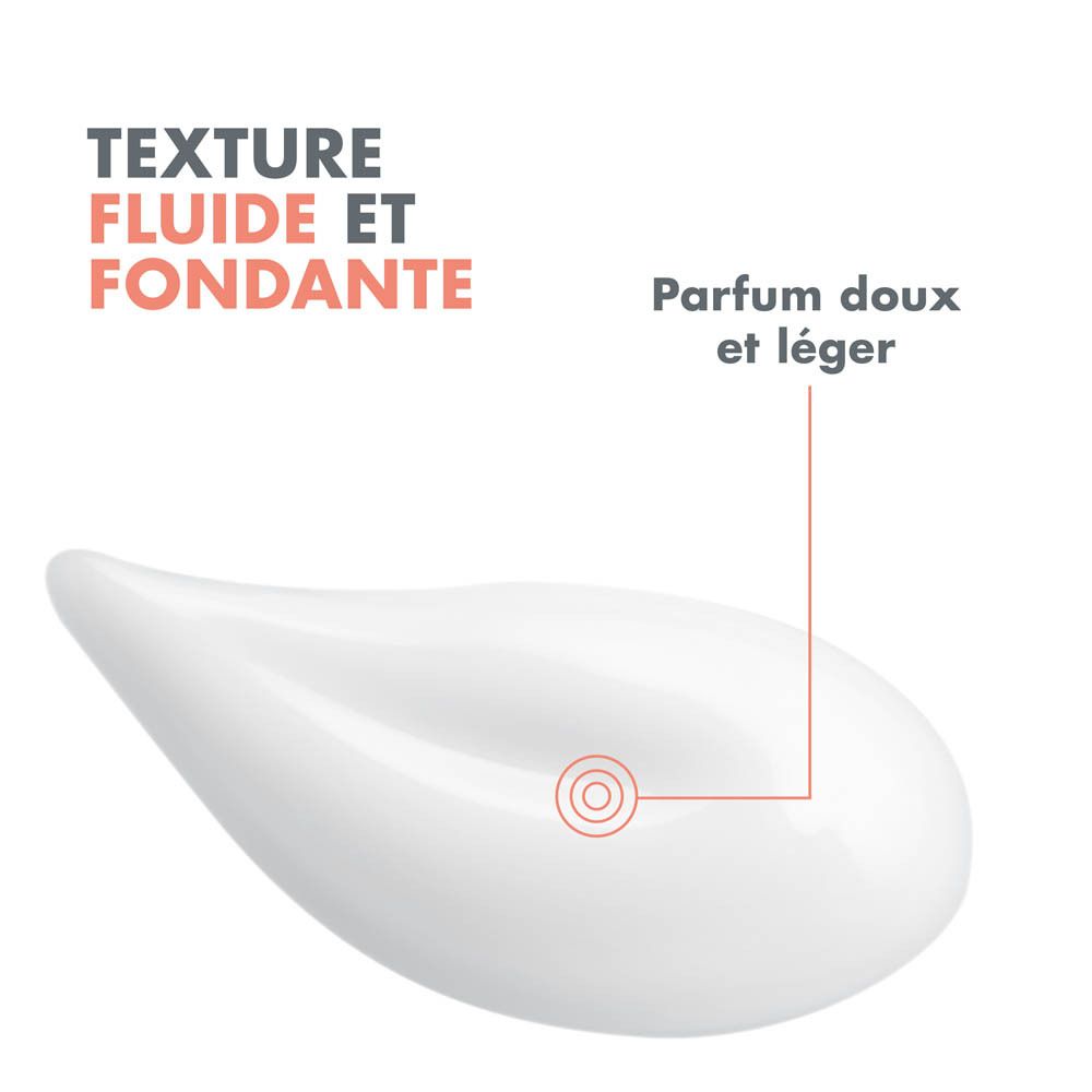 Tube blanc avec texte. Contient une émulsion hydratante. Marque: Avène. Pour peaux normales à mixtes.