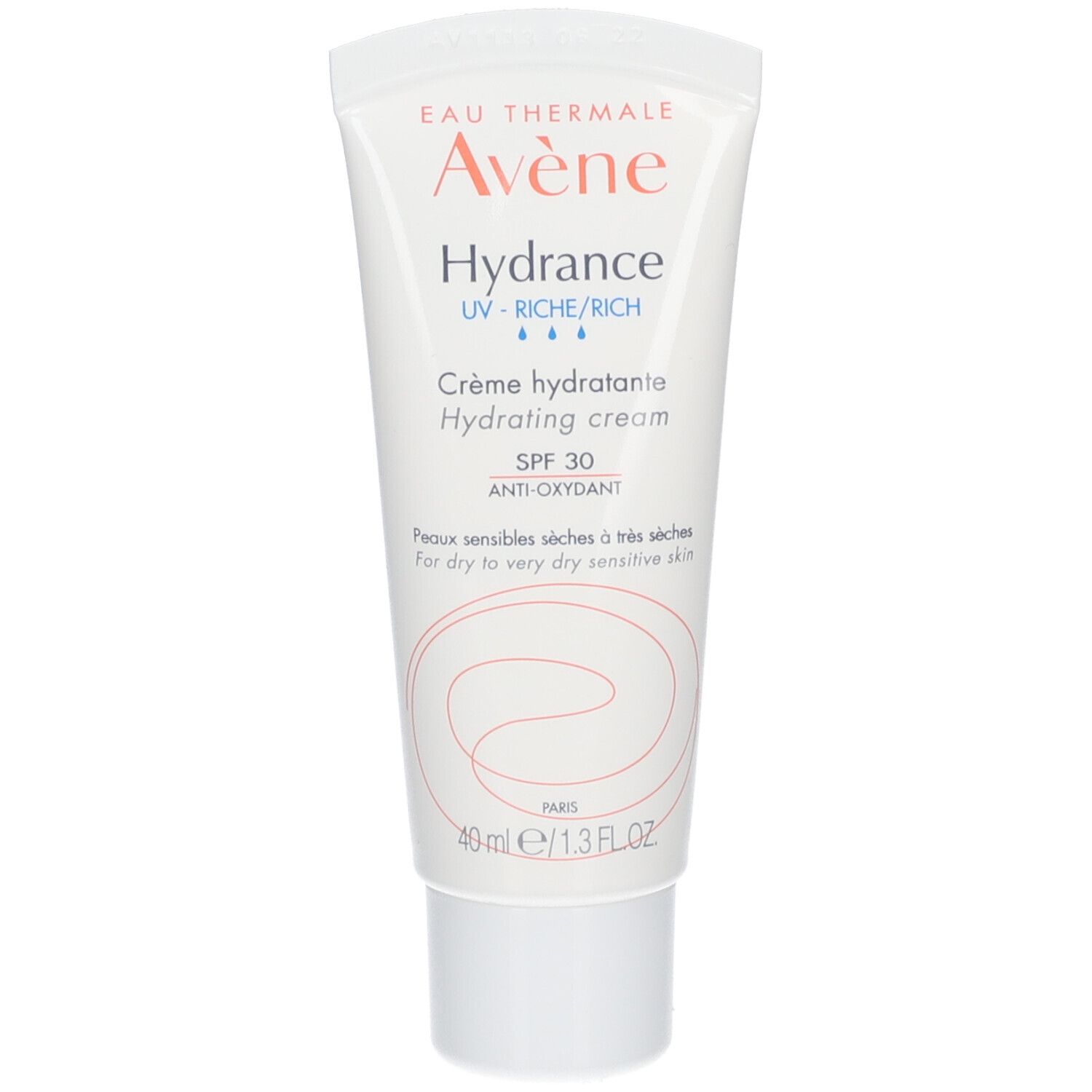 Tube blanc Avène Hydrance. Inscription: Hydrance, SPF 30, Anti-Oxydant. 40 ml/1.3 FL.OZ. Pour peaux sèches.