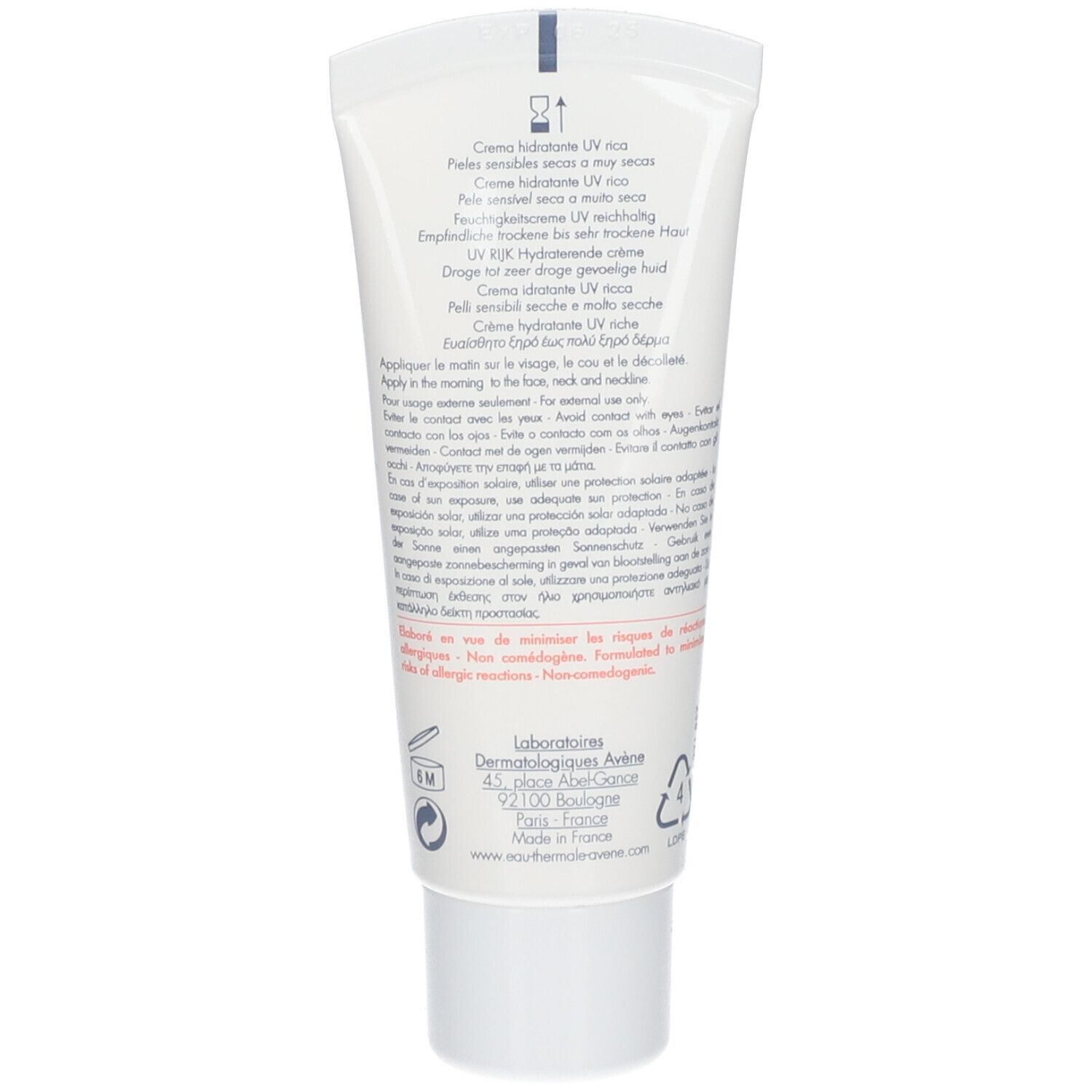 Dos d'un tube blanc Avène Hydrance. Texte multilingue. Informations fabricant.