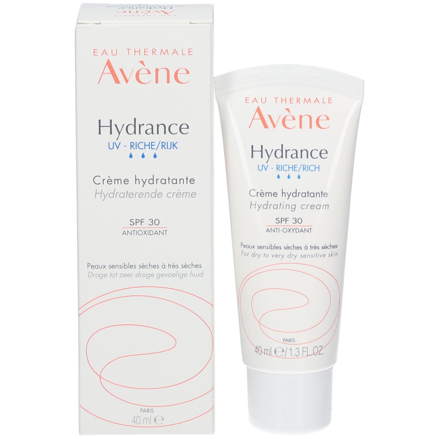 Avène Hydrance crème et emballage. Inscription: Hydrance, SPF 30, Anti-Oxydant. 40 ml/1.3 FL.OZ. Pour peaux sèches.