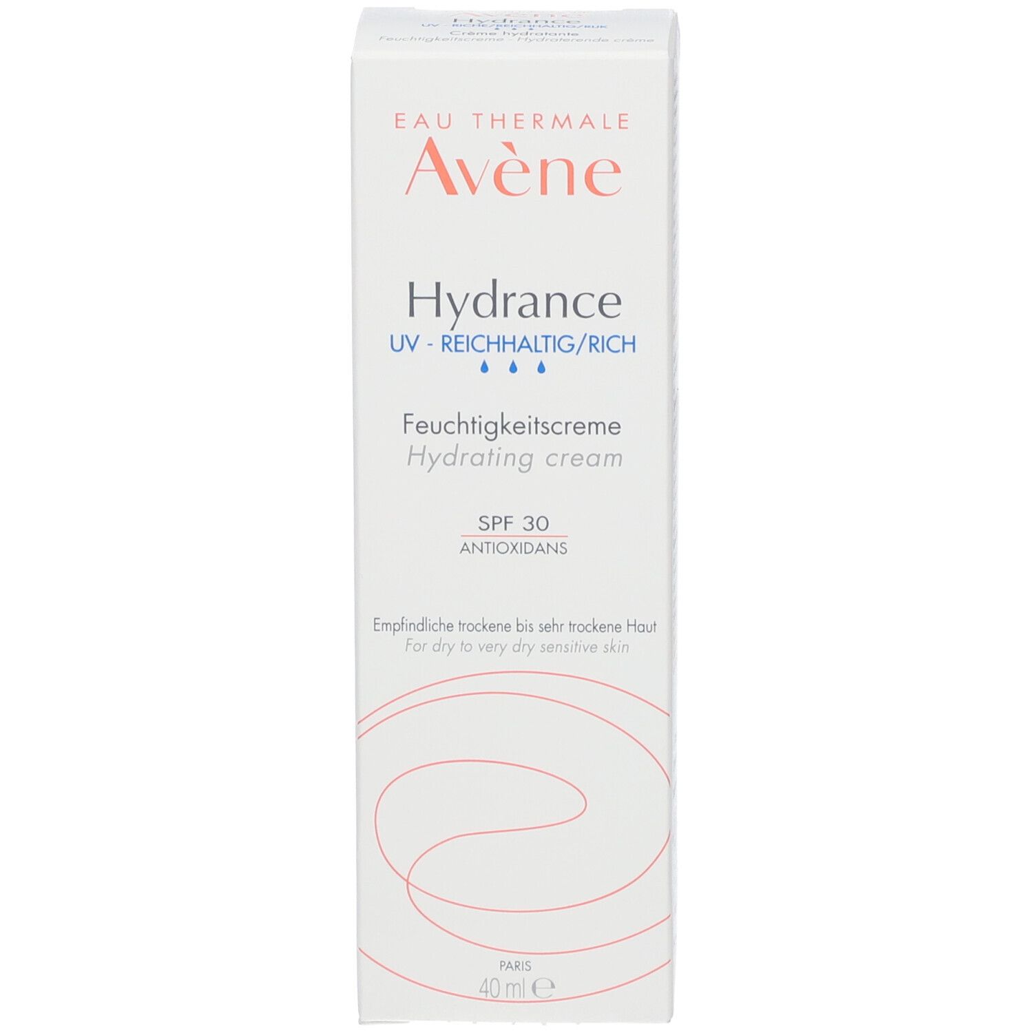 Emballage Avène Hydrance. Inscription: Hydrance, Crème hydratante, SPF 30, Anti-Oxydants. 40 ml.