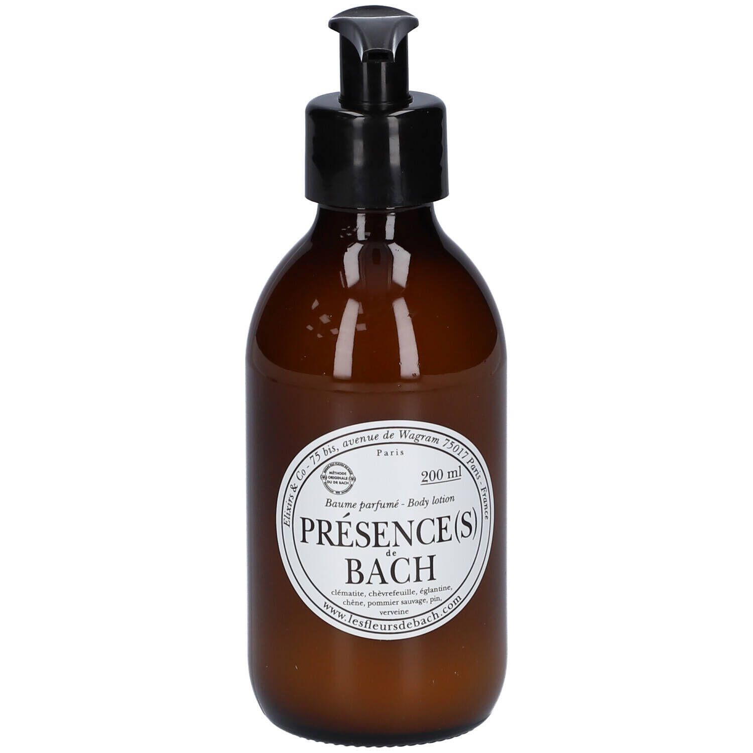 Flacon brun avec pompe noire. Étiquette avec informations produit. "Présence(s) de Bach" et "Baume parfumé - Body lotion".