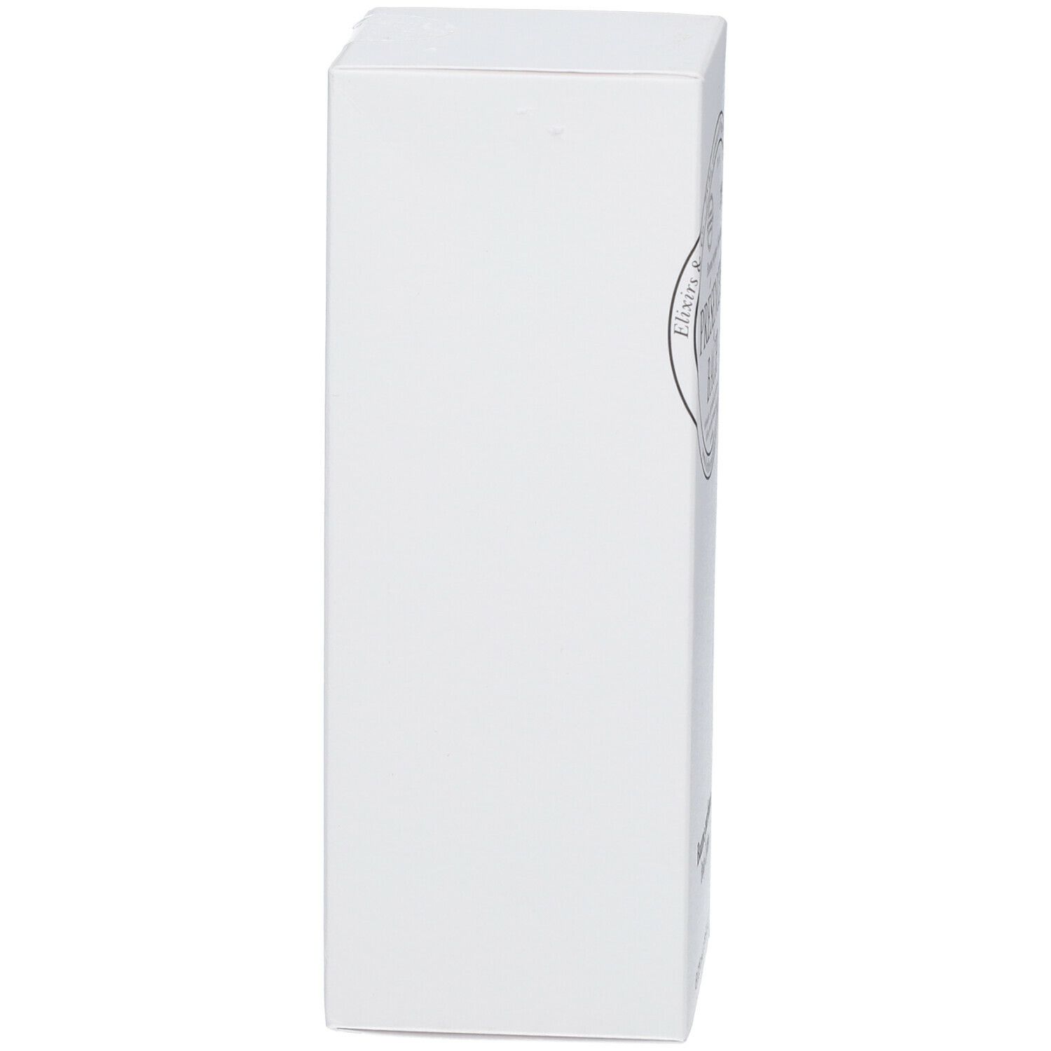Emballage blanc, vue latérale. Design minimal avec informations produit et logo de la marque.