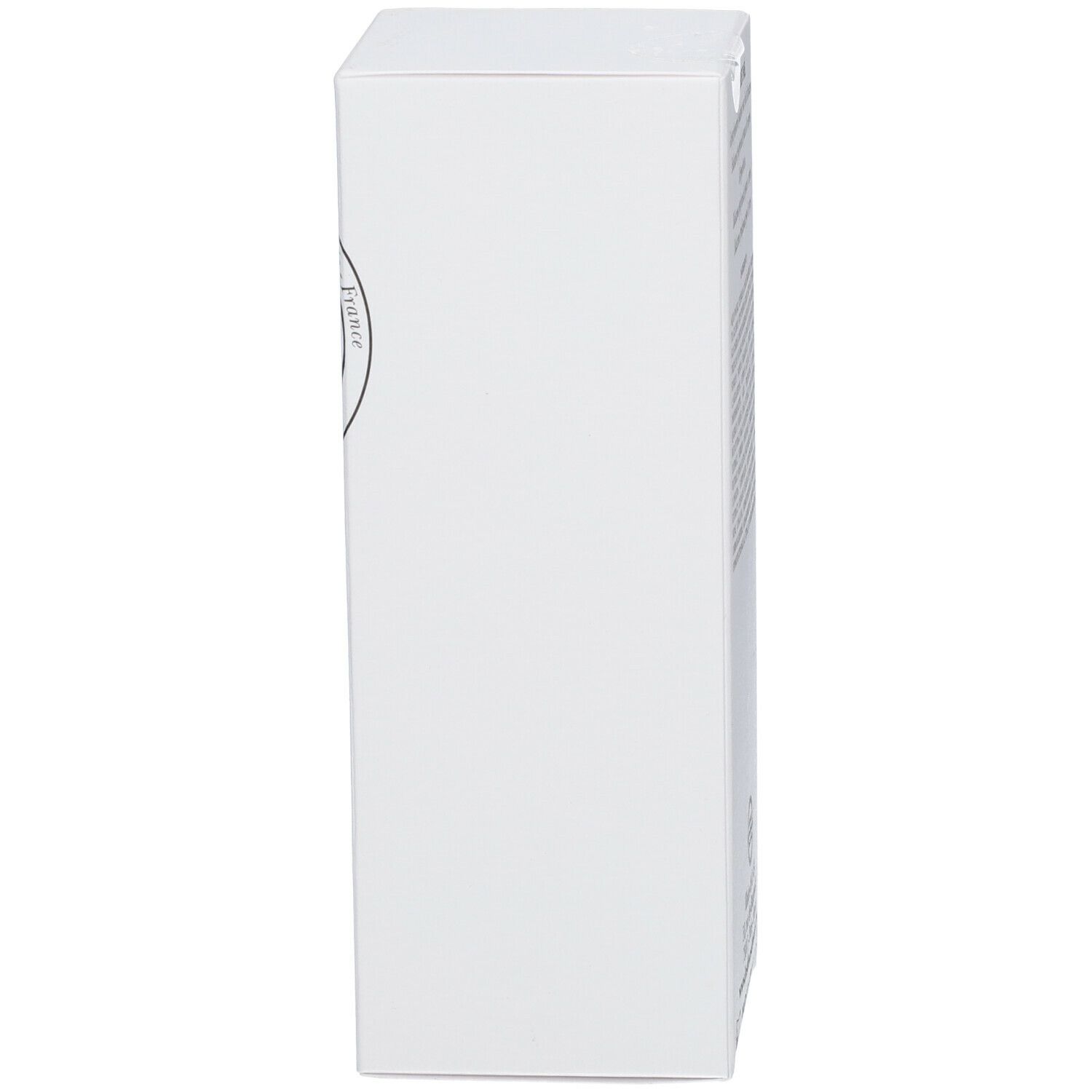 Emballage blanc, vue latérale. Design minimal avec informations produit et logo de la marque.