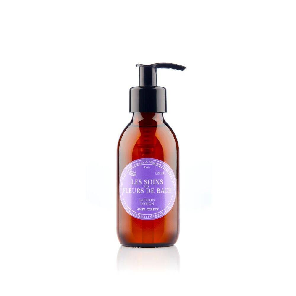Braune Glasflasche mit schwarzem Pumpverschluss. Aufkleber mit Text: LES SOINS AUX FLEURS DE BACH, Lotion, Anti-Stress.