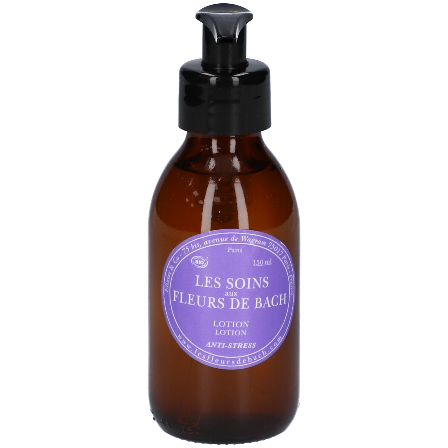 Braune Glasflasche mit schwarzem Pumpverschluss. Aufkleber mit Text: LES SOINS AUX FLEURS DE BACH, Lotion, Anti-Stress.