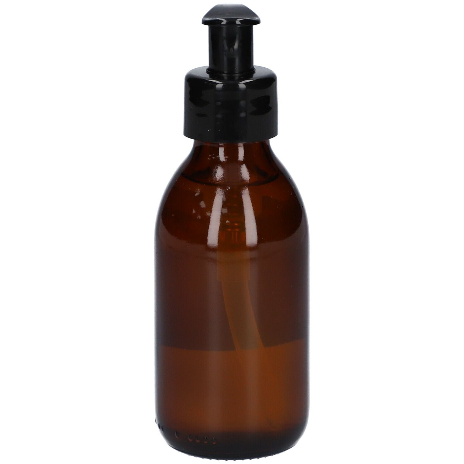 Braune Glasflasche mit schwarzem Pumpverschluss. Aufkleber mit Text: LES SOINS AUX FLEURS DE BACH, Lotion, Anti-Stress.