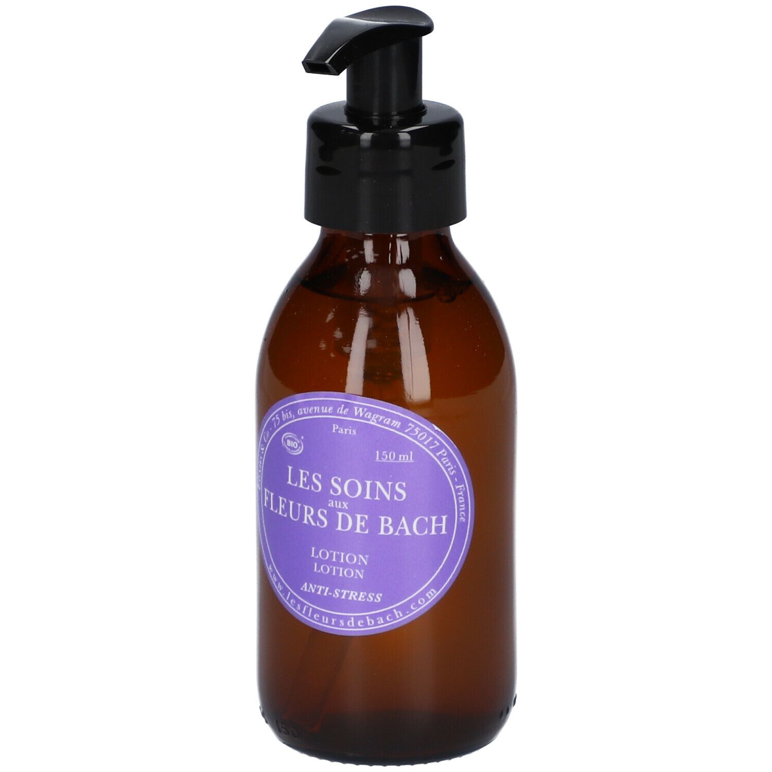 Braune Glasflasche mit schwarzem Pumpverschluss. Aufkleber mit Text: LES SOINS AUX FLEURS DE BACH, Lotion, Anti-Stress.