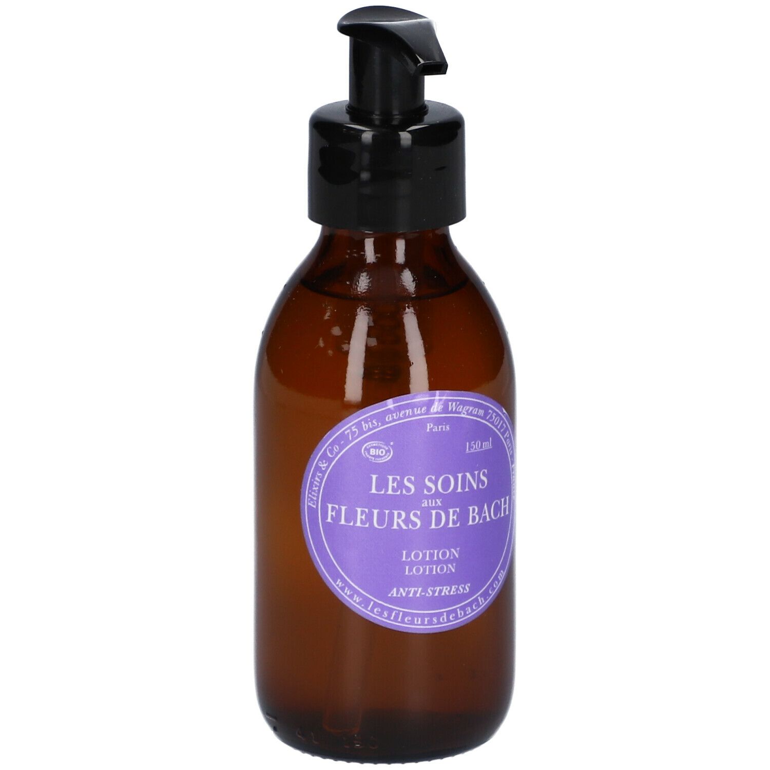 Braune Glasflasche mit schwarzem Pumpverschluss. Aufkleber mit Text: LES SOINS AUX FLEURS DE BACH, Lotion, Anti-Stress.