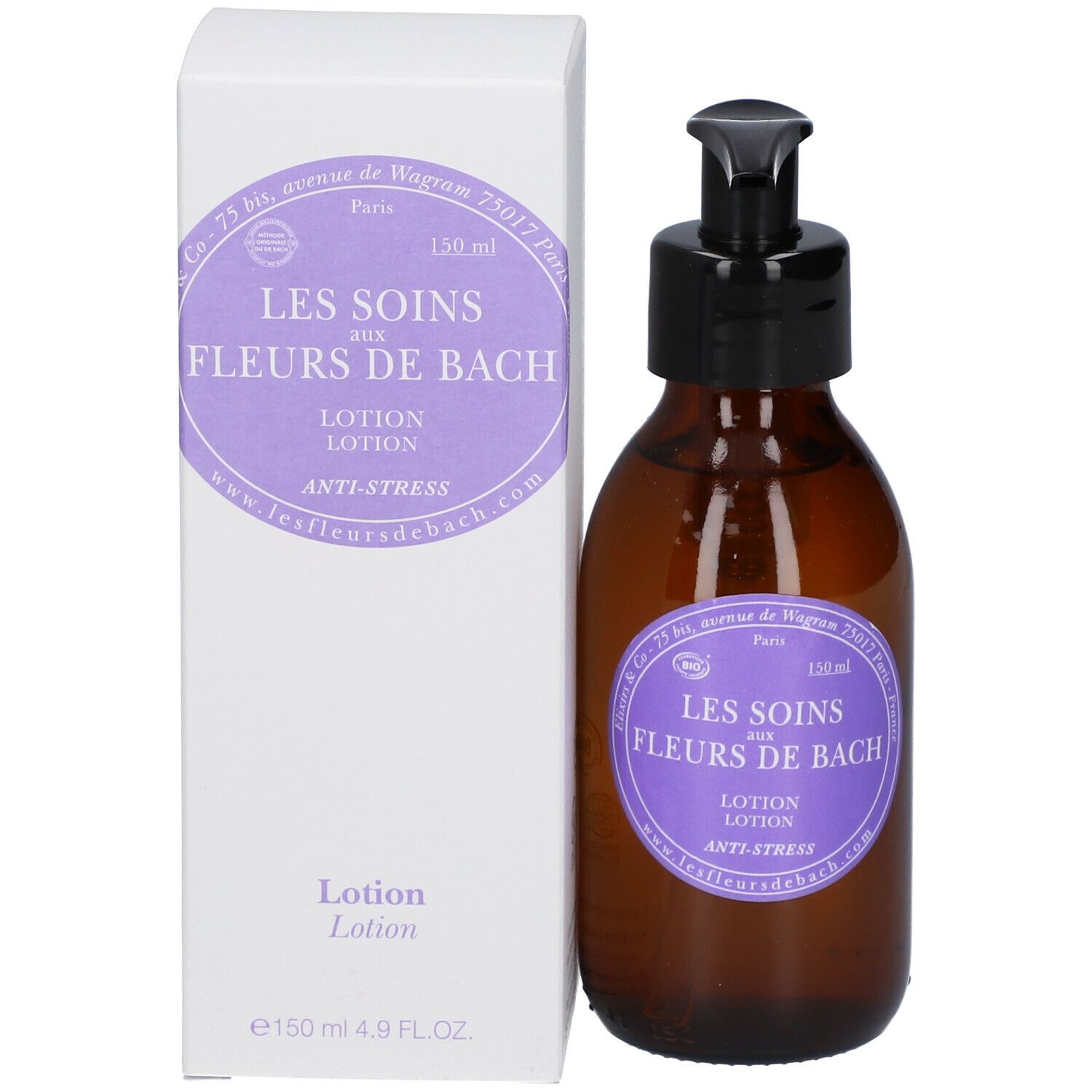 Braune Glasflasche mit schwarzem Pumpverschluss und weißer Verpackung. Aufkleber mit Text: LES SOINS AUX FLEURS DE BACH, Lotion, Anti-Stress.