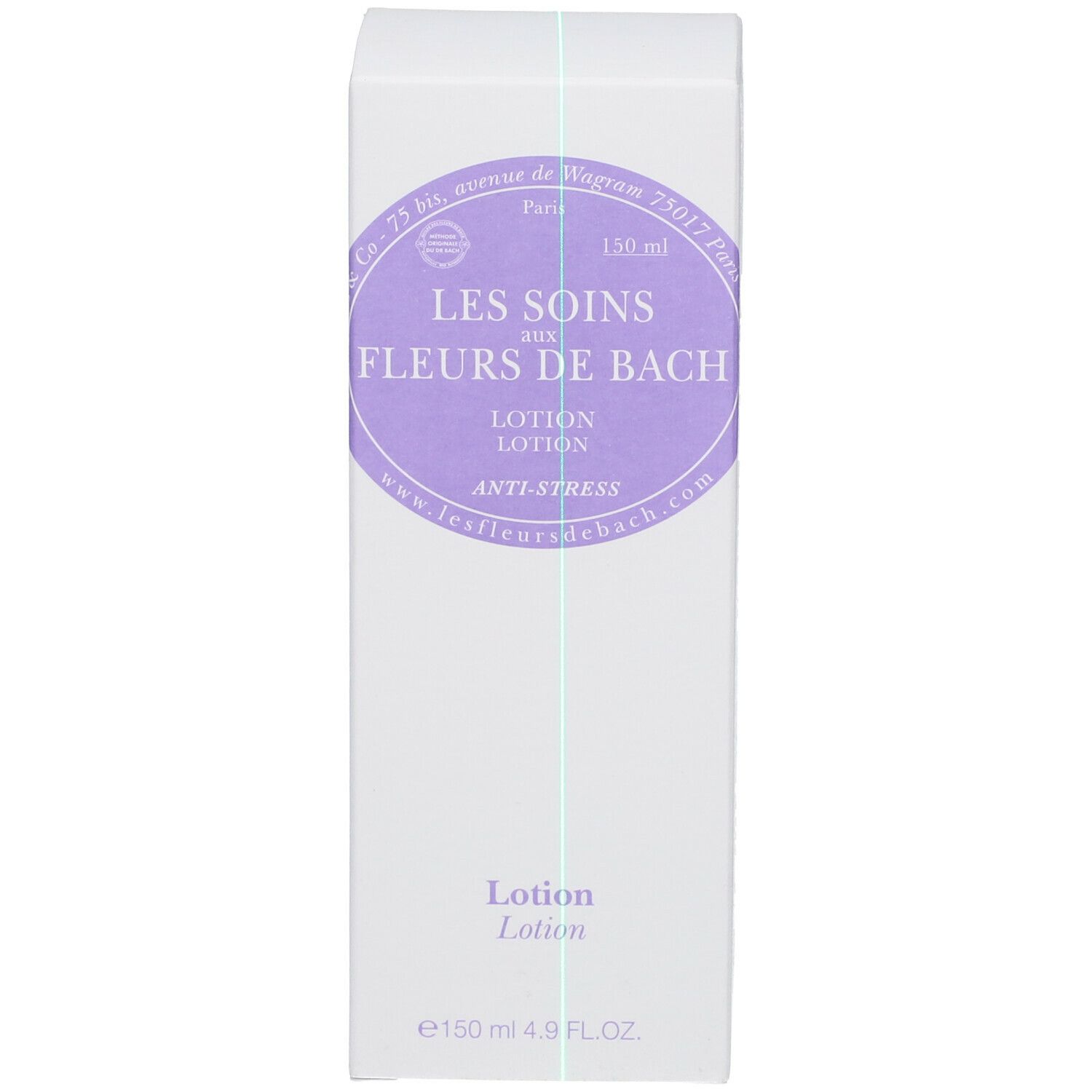 Weiße Verpackung mit Text: LES SOINS AUX FLEURS DE BACH, Lotion, Anti-Stress. Flasche mit schwarzem Pumpverschluss.