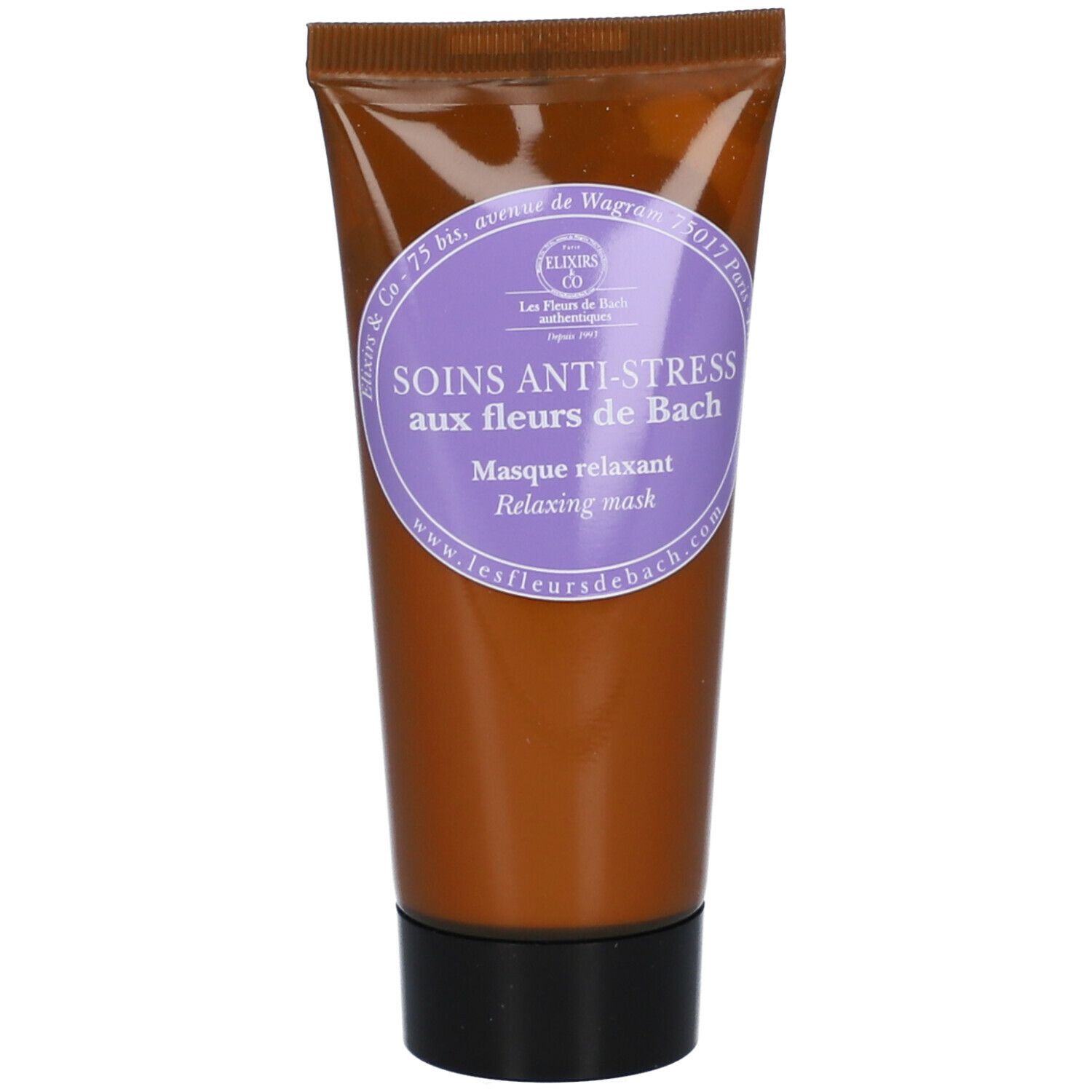 Tube brun avec étiquette violette. Texte : Soins Anti-Stress aux fleurs de Bach. Relaxing mask. Les Fleurs de Bach.