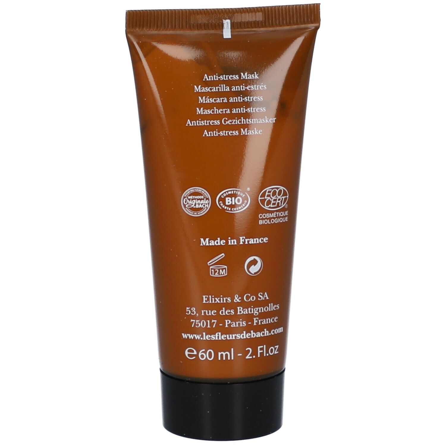 Dos du tube. Texte : Anti-stress Mask. Certifications : Bio, Eco Cert. Fabriqué en France. 60 ml.