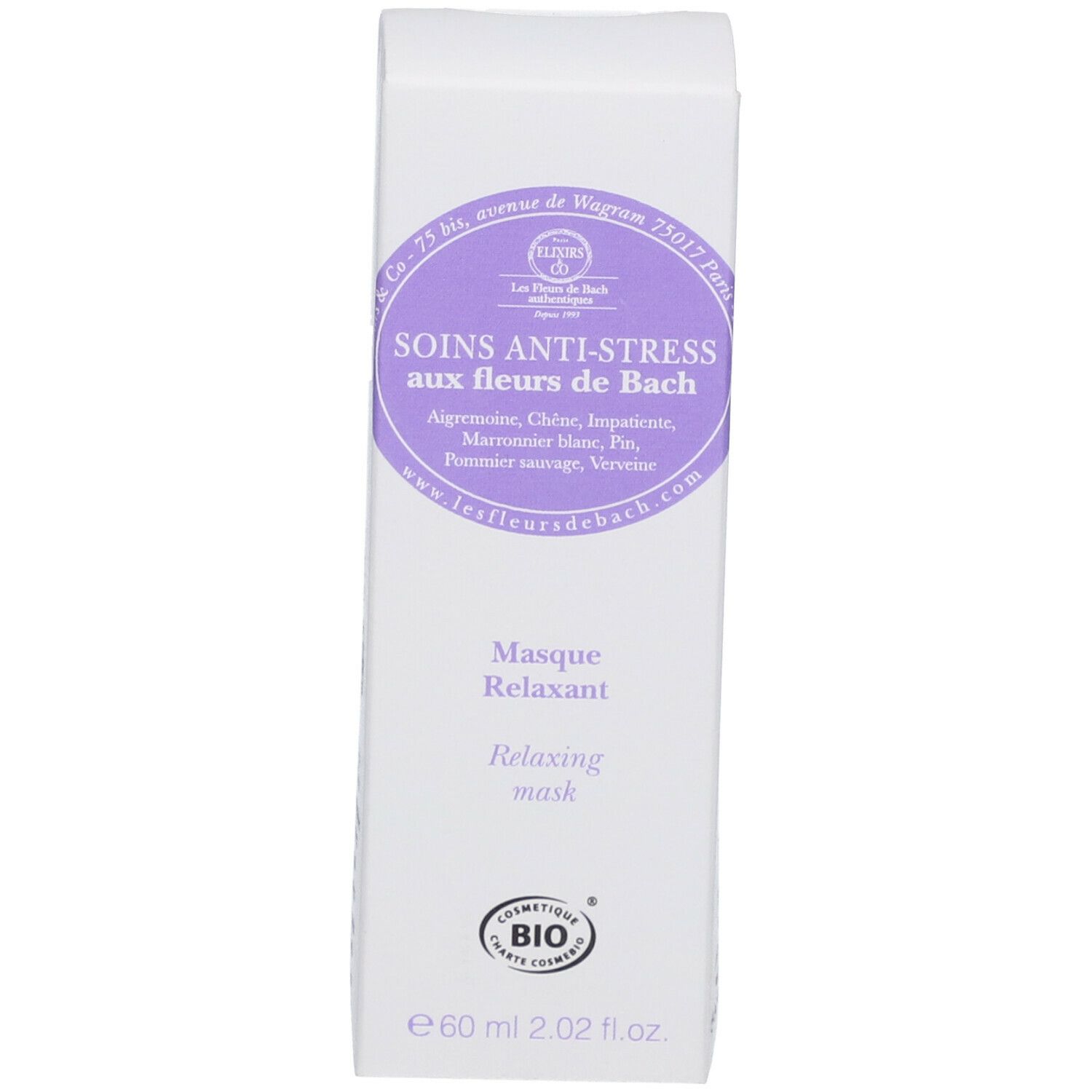 Emballage blanc avec étiquette violette. Texte : Soins Anti-Stress aux fleurs de Bach. Certification Bio.