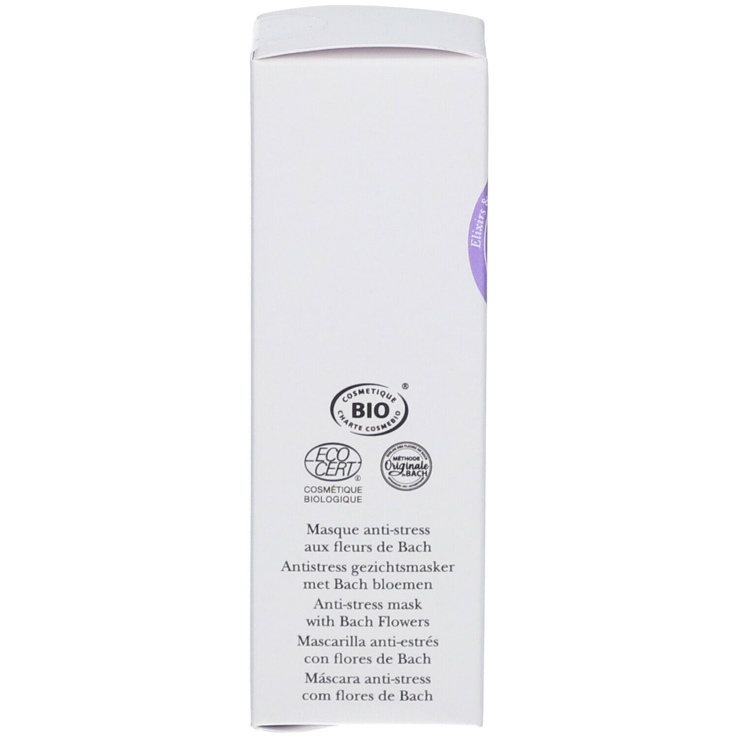 Emballage blanc. Texte : Masque anti-stress aux fleurs de Bach. Certifications : Eco Cert, Bio. Texte multilingue.