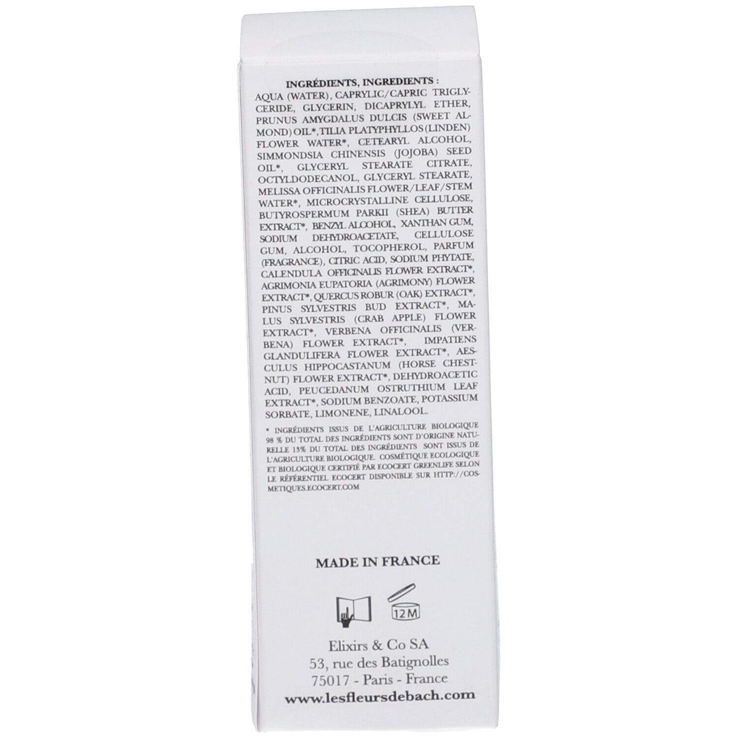 Dos de l'emballage. Liste des ingrédients. Texte : Fabriqué en France. Adresse du fabricant. Certification Bio.