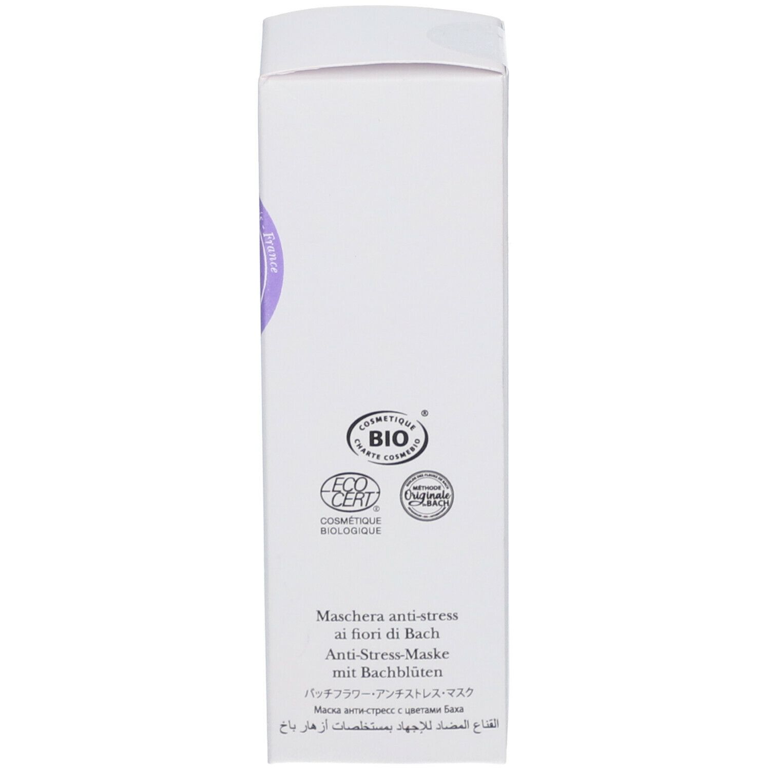 Emballage. Texte : Masque anti-stress aux fleurs de Bach. Certifications : Eco Cert, Bio. Texte multilingue.