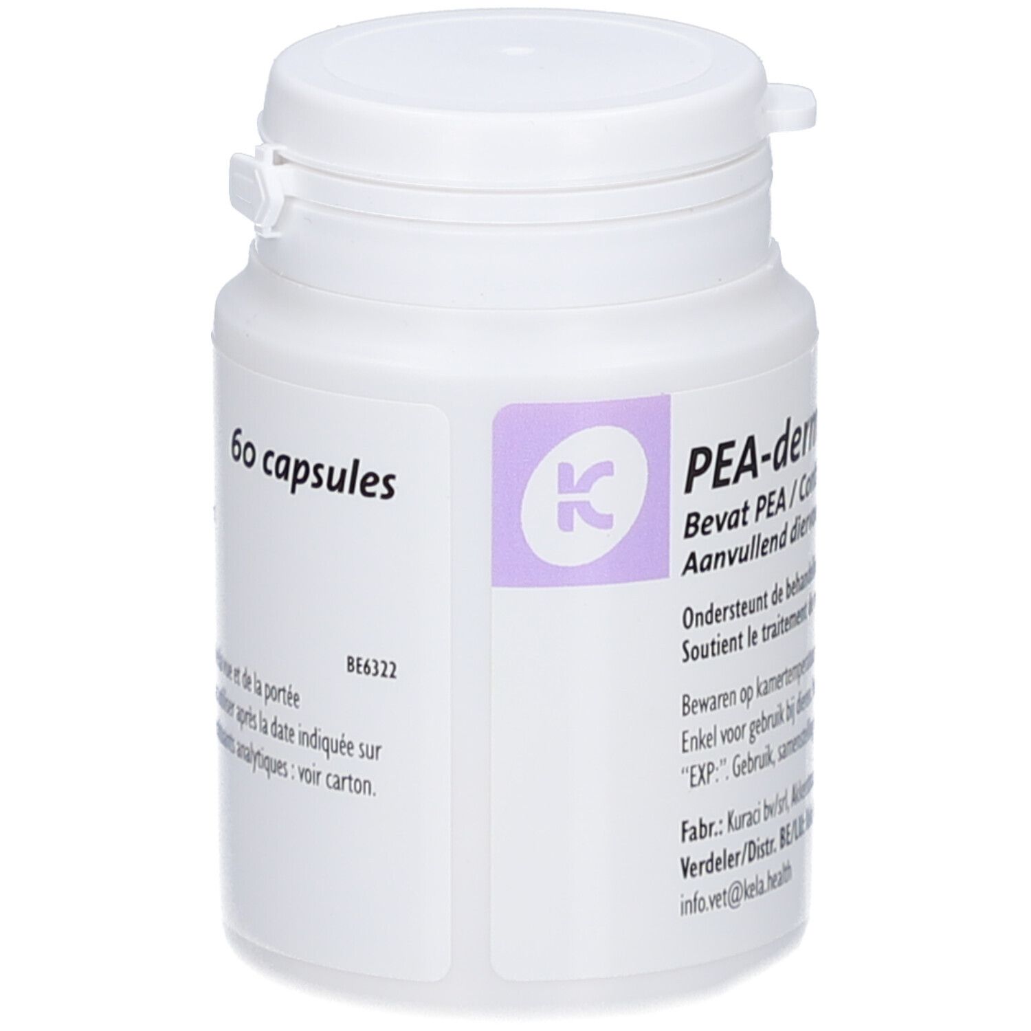 Weiße Flasche mit Kela-Logo und PEA-derm-Etikett. Enthält 60 Kapseln. Aufschrift: PEA-derm, Bevat PEA, Aavullend diervoeder.