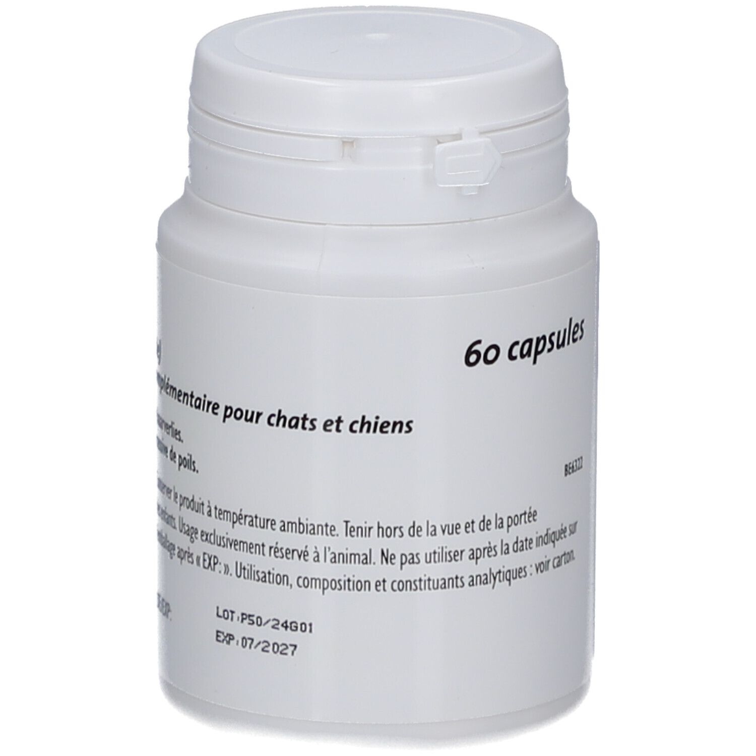 Weiße Flasche mit 60 Kapseln. Aufschrift: Ergänzungsfuttermittel für Katzen und Hunde. Lot- und Verfallsdatum sind sichtbar.