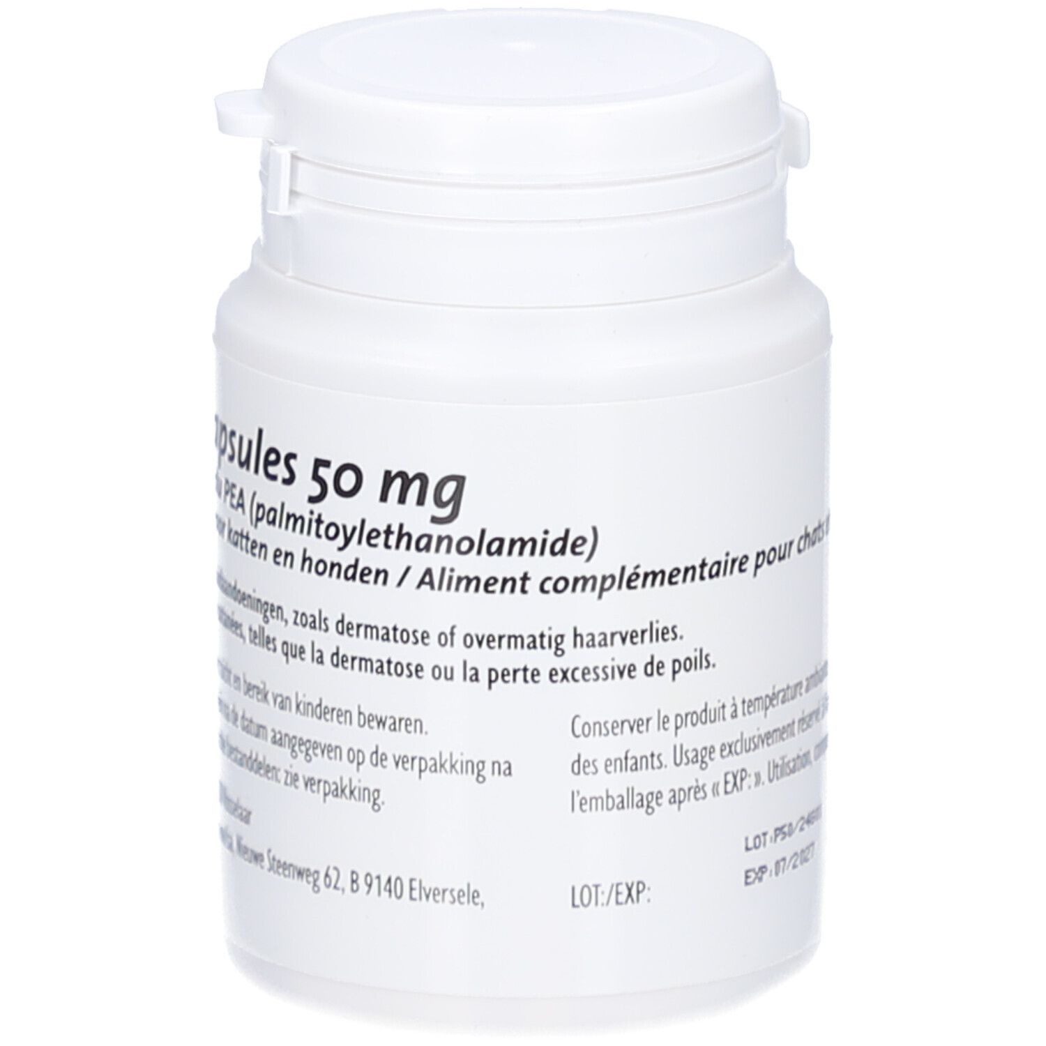 Weiße Flasche mit PEA-derm-Etikett. Aufschrift: 50 mg, (palmitoylethanolamide). Ergänzungsfuttermittel für Katzen und Hunde.