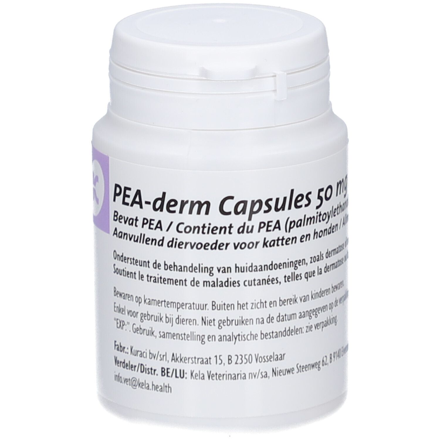 Weiße Flasche mit PEA-derm Capsules 50 mg. Aufschrift: Bevat PEA / Contient du PEA. Ergänzungsfuttermittel für Katzen und Hunde.