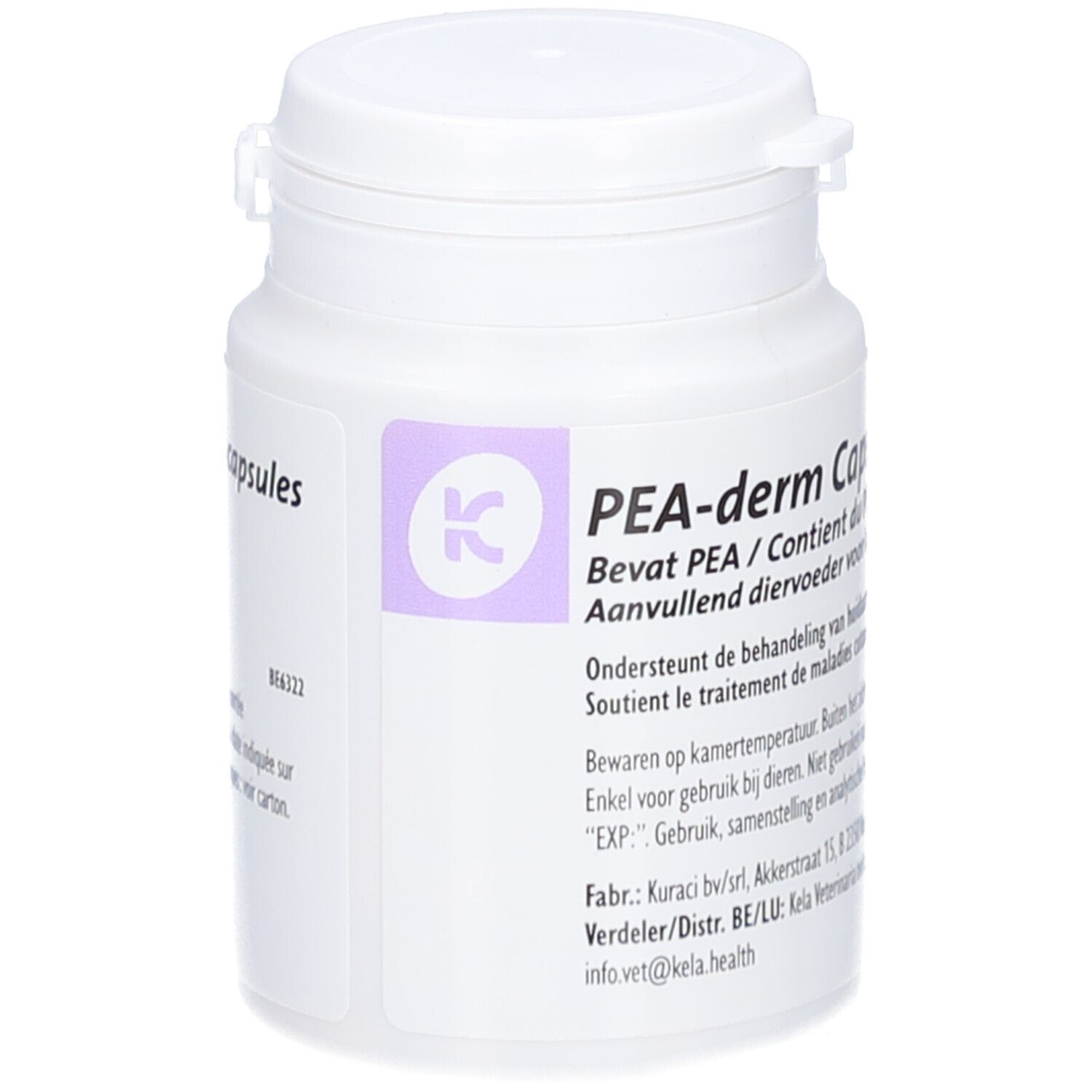 Weiße Flasche mit PEA-derm-Etikett. Aufschrift: Bevat PEA / Contient du PEA. Ergänzungsfuttermittel für Katzen und Hunde.