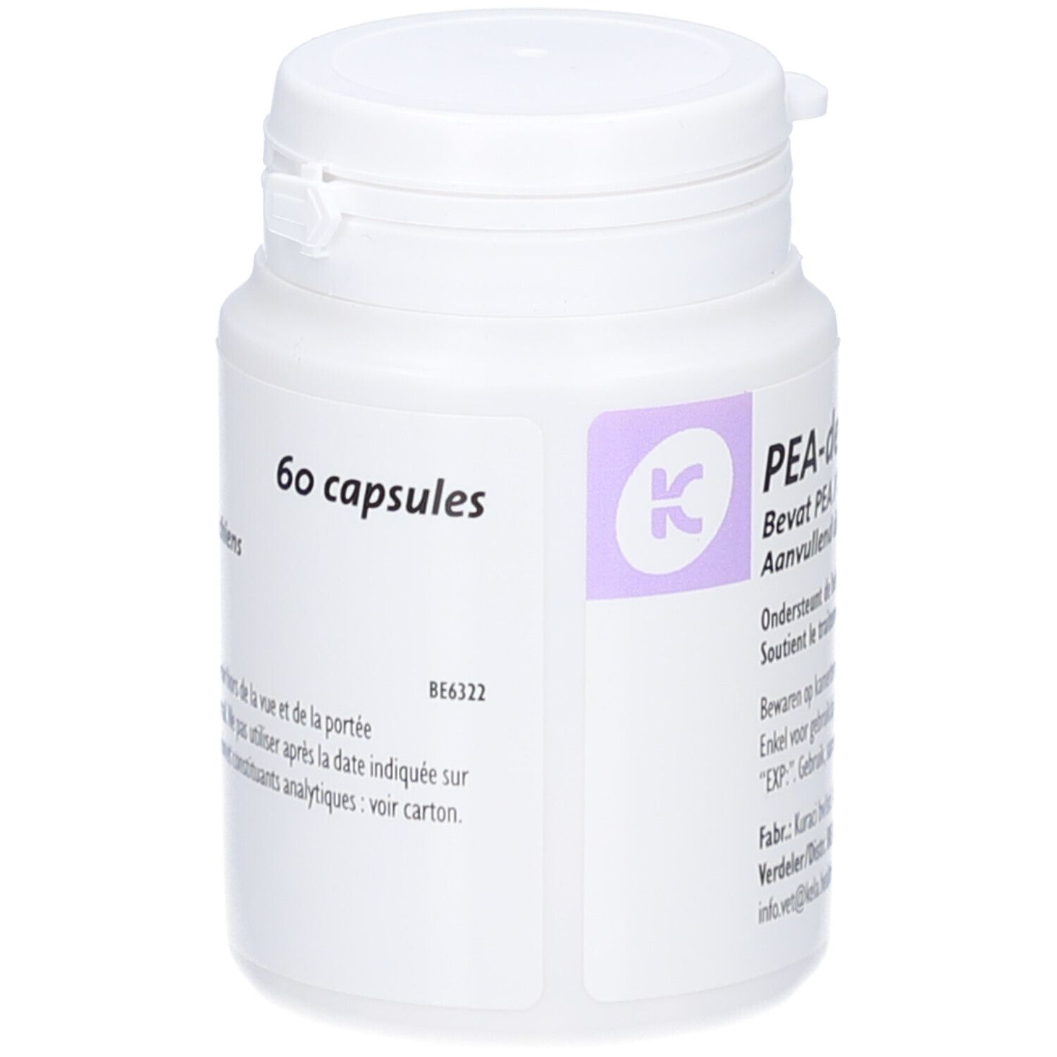 Weiße Flasche mit 60 Kapseln. Aufschrift: PEA-derm, Bevat PEA, Ergänzungsfuttermittel für Katzen und Hunde. Kela-Logo.