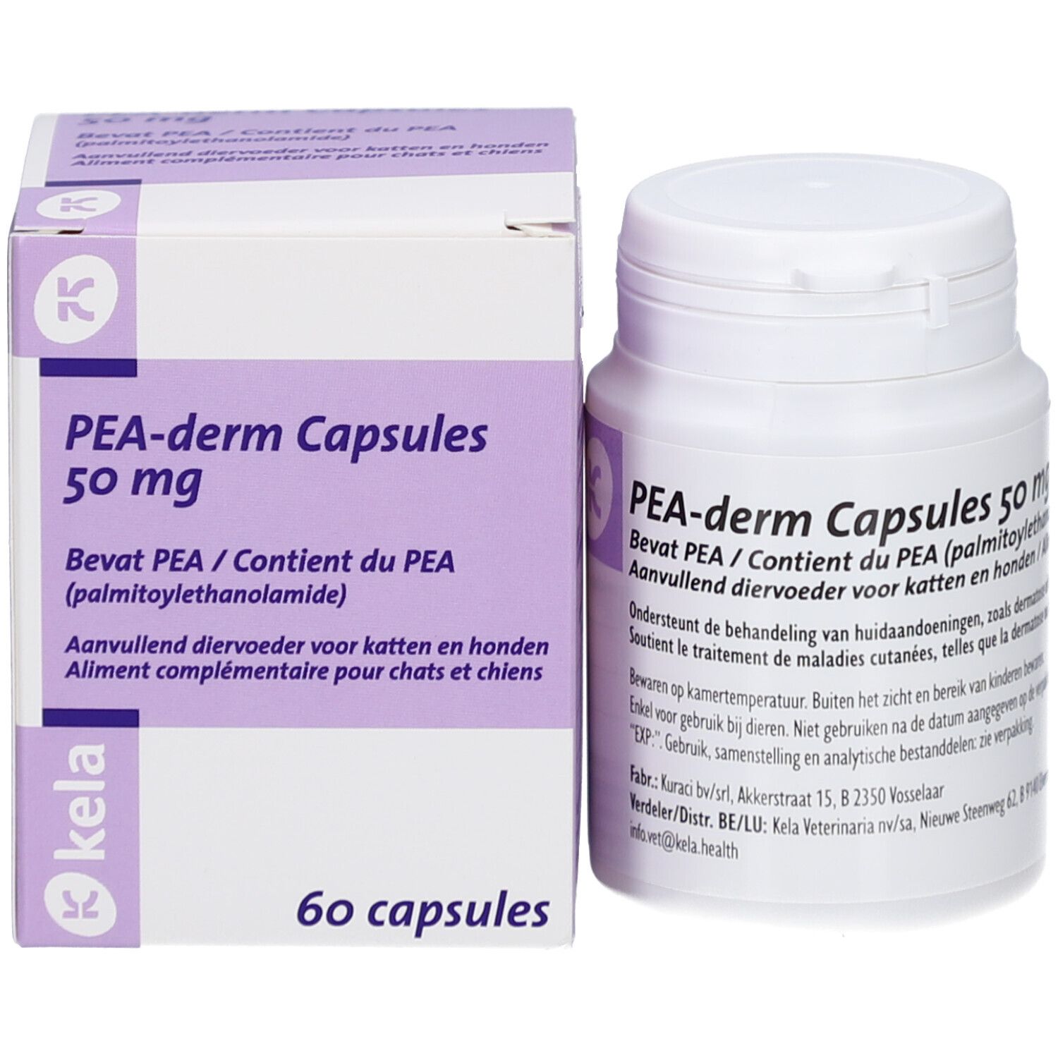 Schachtel und Flasche PEA-derm Capsules 50 mg. Aufschrift: 60 Kapseln. Bevat PEA / Contient du PEA. Kela-Logo.