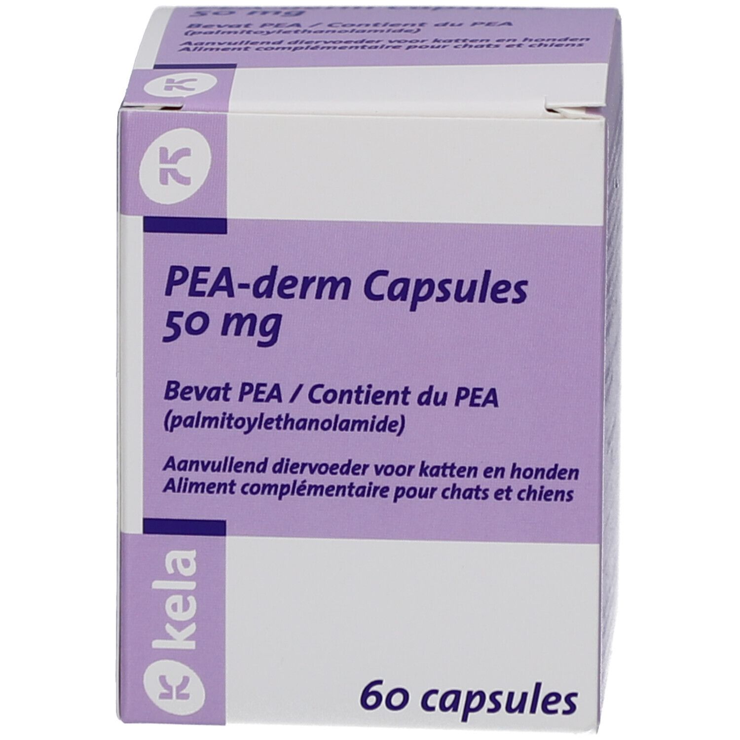 Weiße Schachtel mit PEA-derm Capsules 50 mg. Aufschrift: 60 Kapseln. Bevat PEA / Contient du PEA. Kela-Logo.