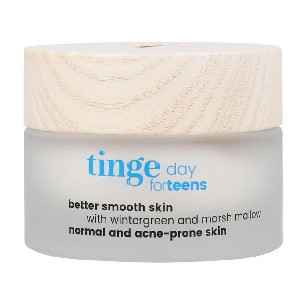 Tinge Day for Teens Crème de jour dans un pot en verre avec couvercle en bois, étiquette française.