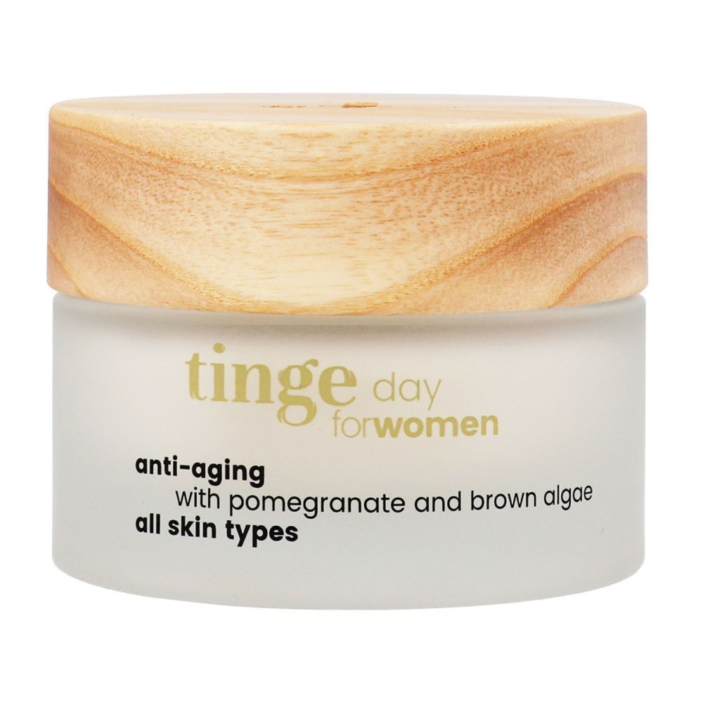 Tinge Day for Women crème de jour, pot en verre avec couvercle en bois, avec texte.