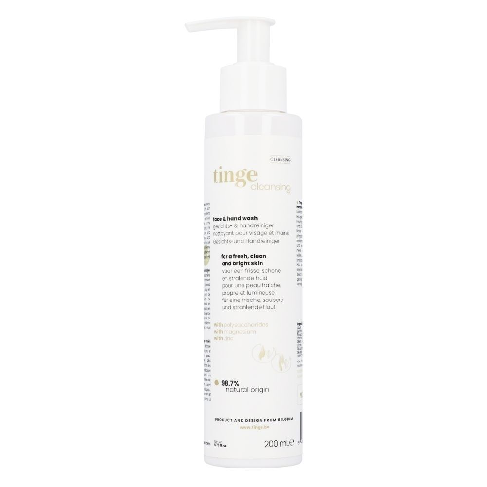 Flacon blanc avec pompe doseuse, Tinge Cleansing Face & Handwash, 200ml.