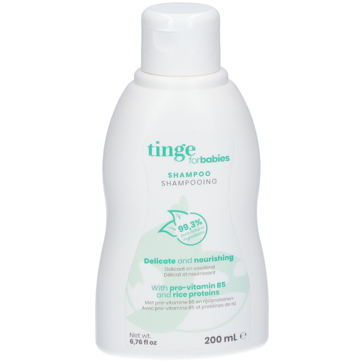Baby-Shampoo-Flasche mit Pumpverschluss. Aufschrift: tinge shampoo. Mit Baby-Illustration.
