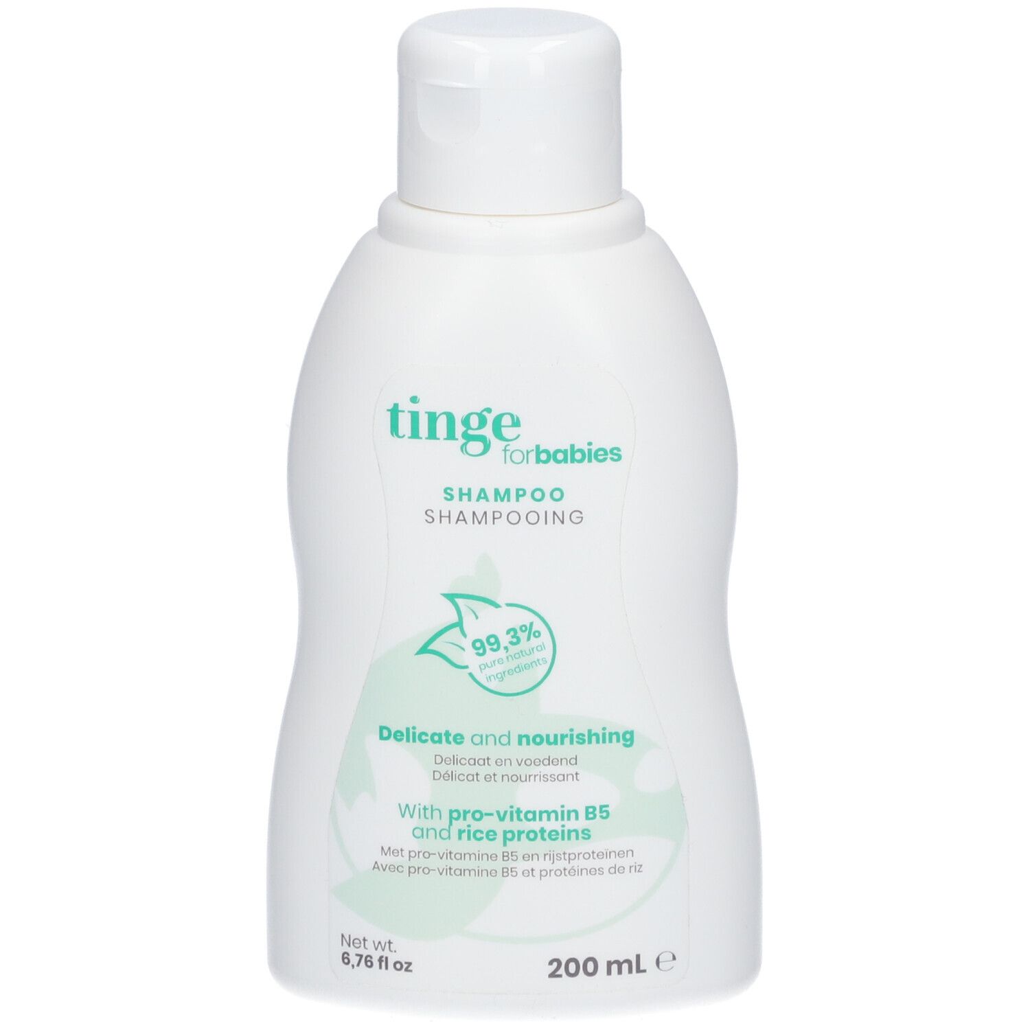 Shampoo-Flasche mit Pumpverschluss. Aufschrift: tinge shampoo. Mit Bürste, Kamm und Beutel.