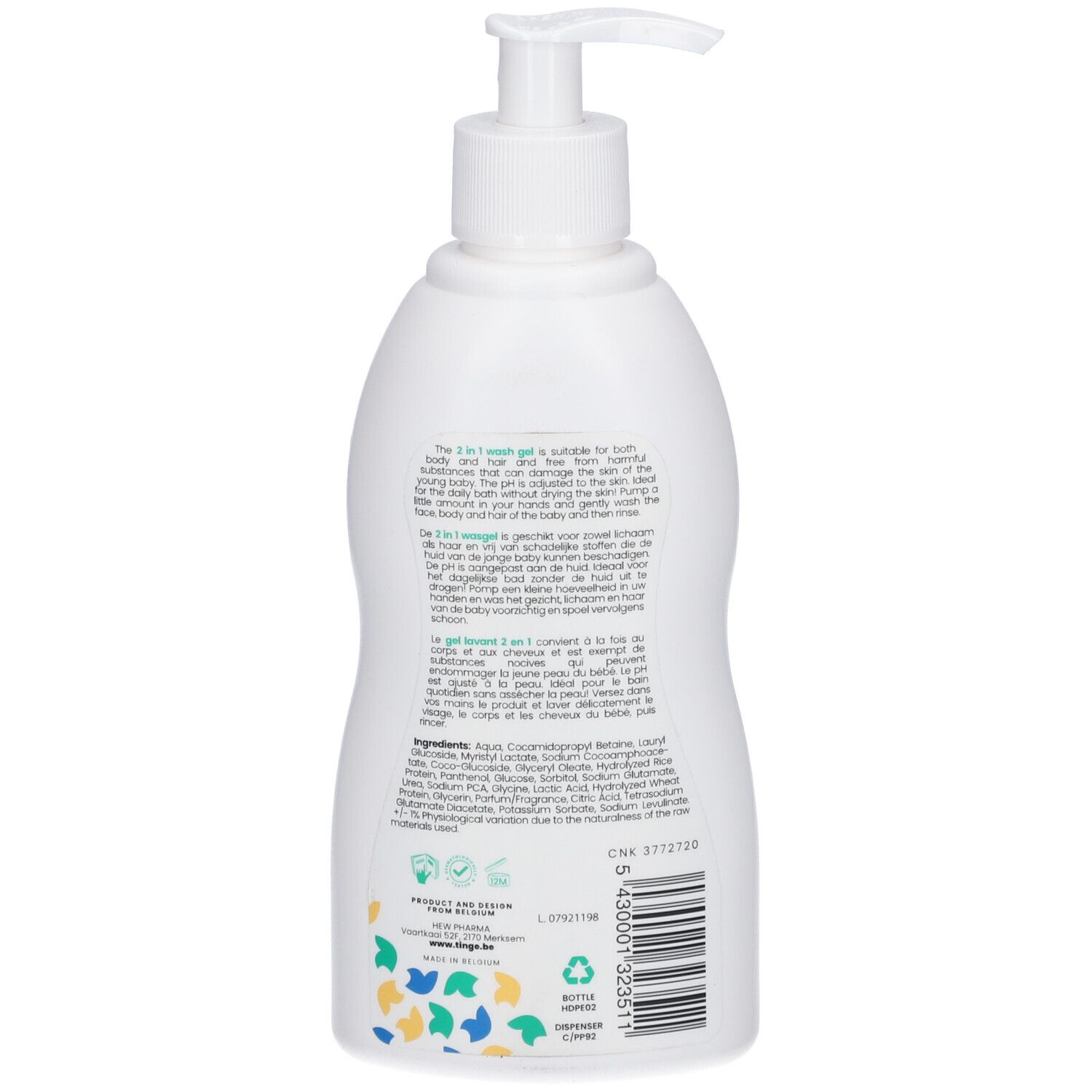 Weißer Spender mit Produkt. Aufschrift: Tinge, 2-in-1 Reinigungsgel. Daneben Icons und Text.